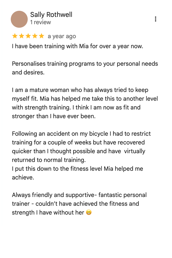 Screenshot of a 5-star review by Sally Rothwell praising personal trainer Mia for her support and effective fitness training.