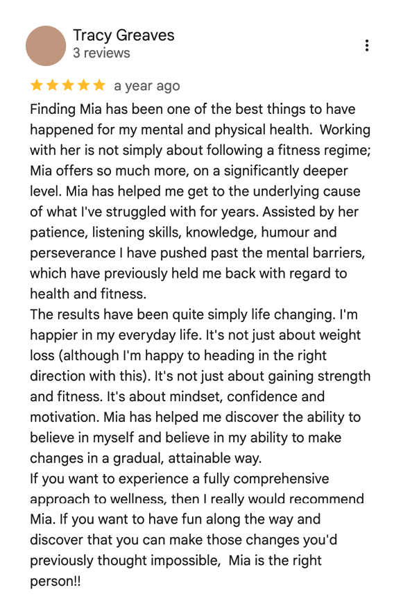 Screenshot of a 5-star review for Tracy Greaves, praising her fitness and wellness coaching, mentioning significant positive changes in mental and physical health.