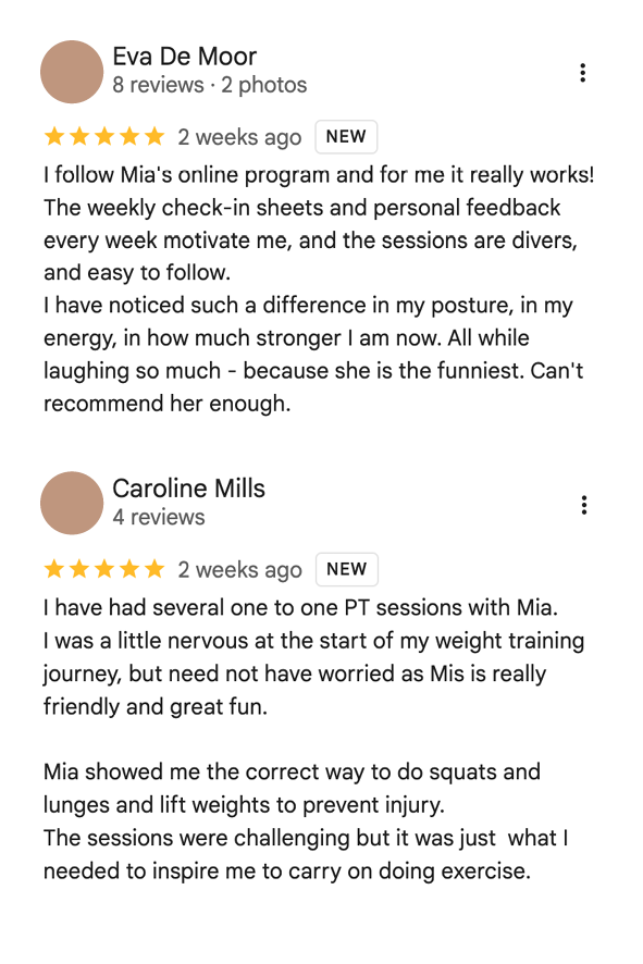 Customer reviews for Mia's personal training programs, praising improvements in posture, energy, and strength, with comments from Eva De Moor and Caroline Mills.