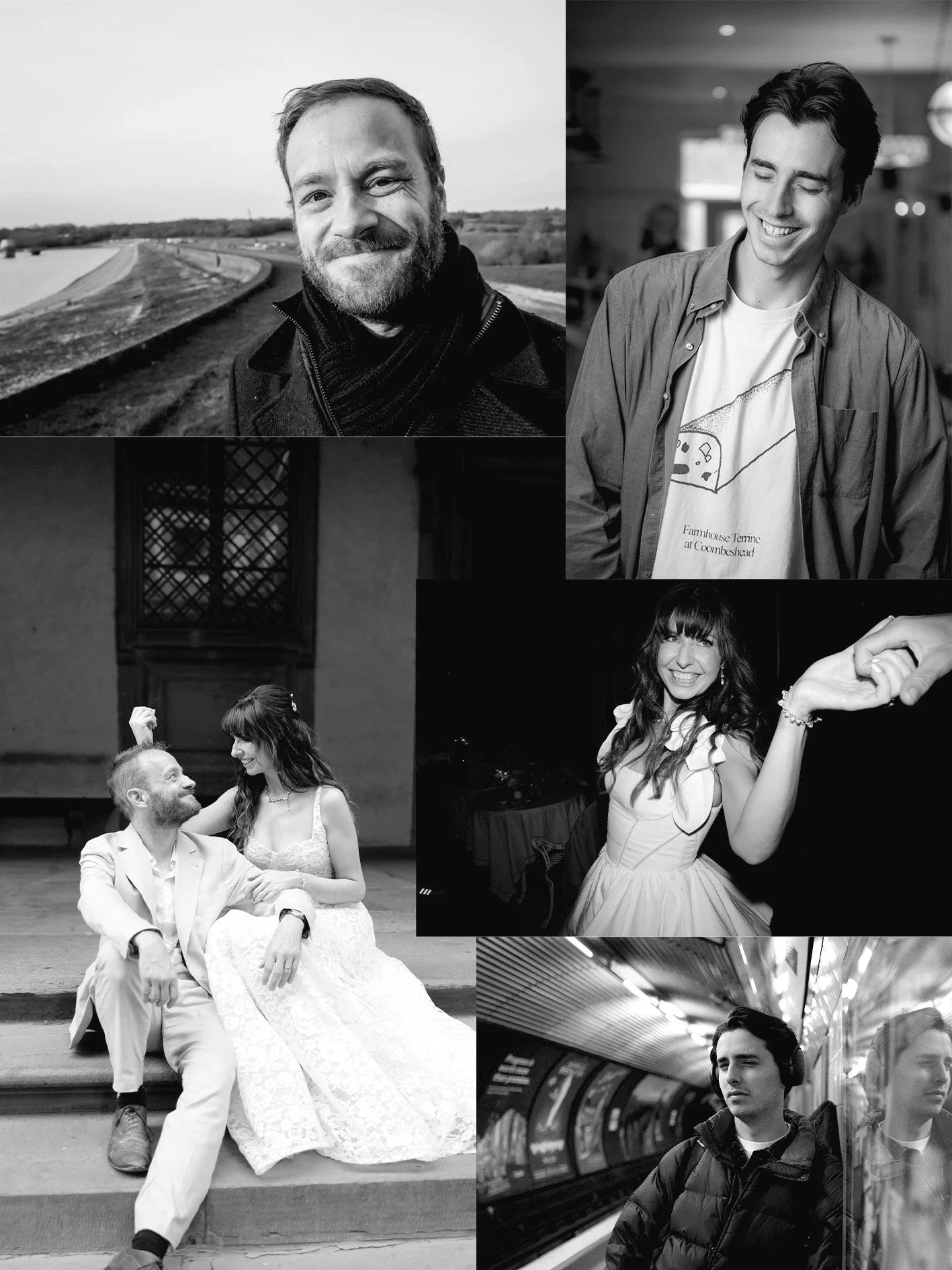 Collage of six black-and-white photographs of different people. Top left: bearded man outdoor near water. Top right: smiling man indoors, wearing a denim jacket. Middle right: woman with curly hair holding hands with someone, smiling at night. Bottom left: seated couple in wedding attire in front of a historic building. Bottom right: young man with headphones on subway, looking out the window.