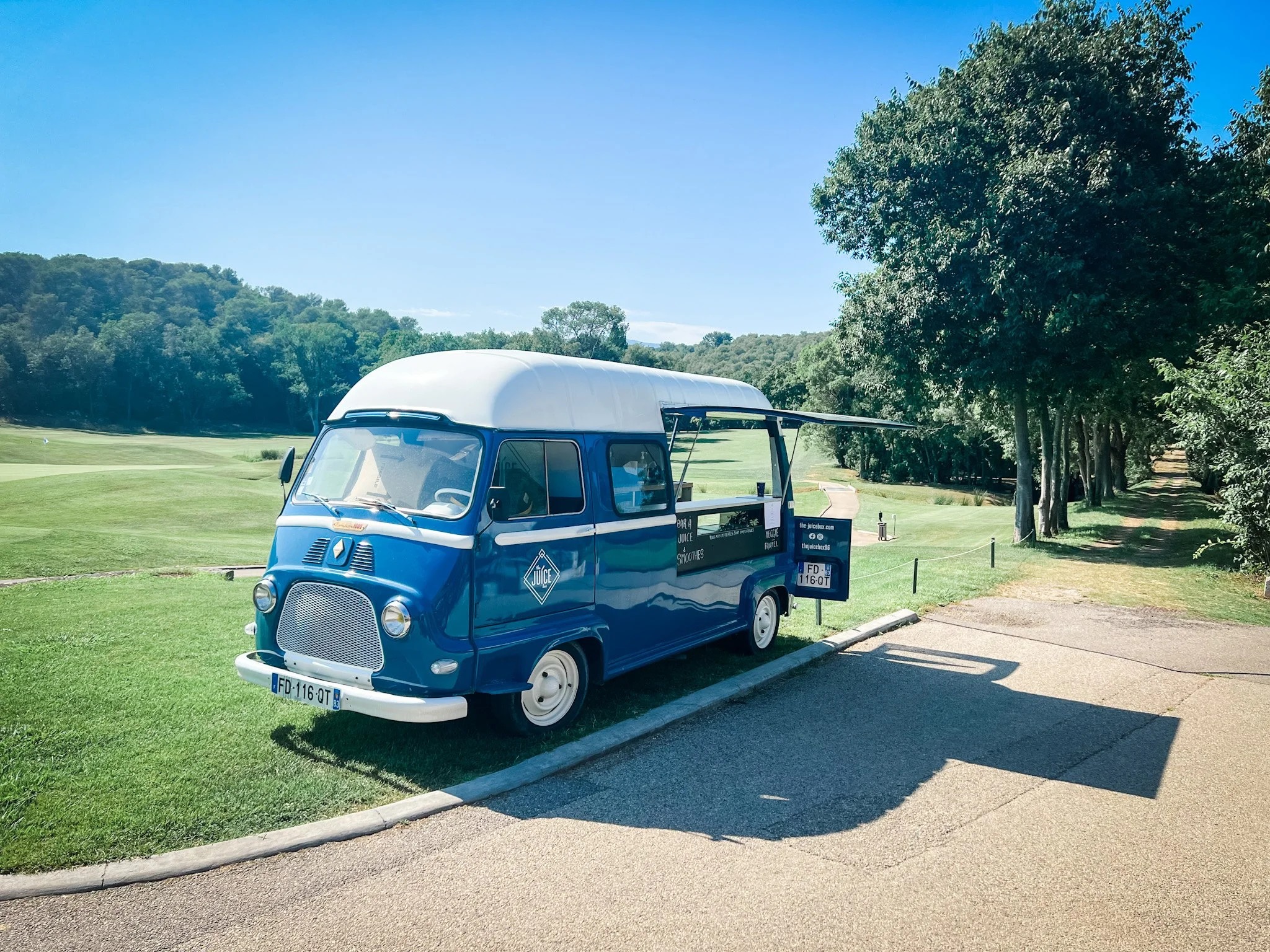 Blue vintage van parked on a green golf course beside a tree-lined path.
