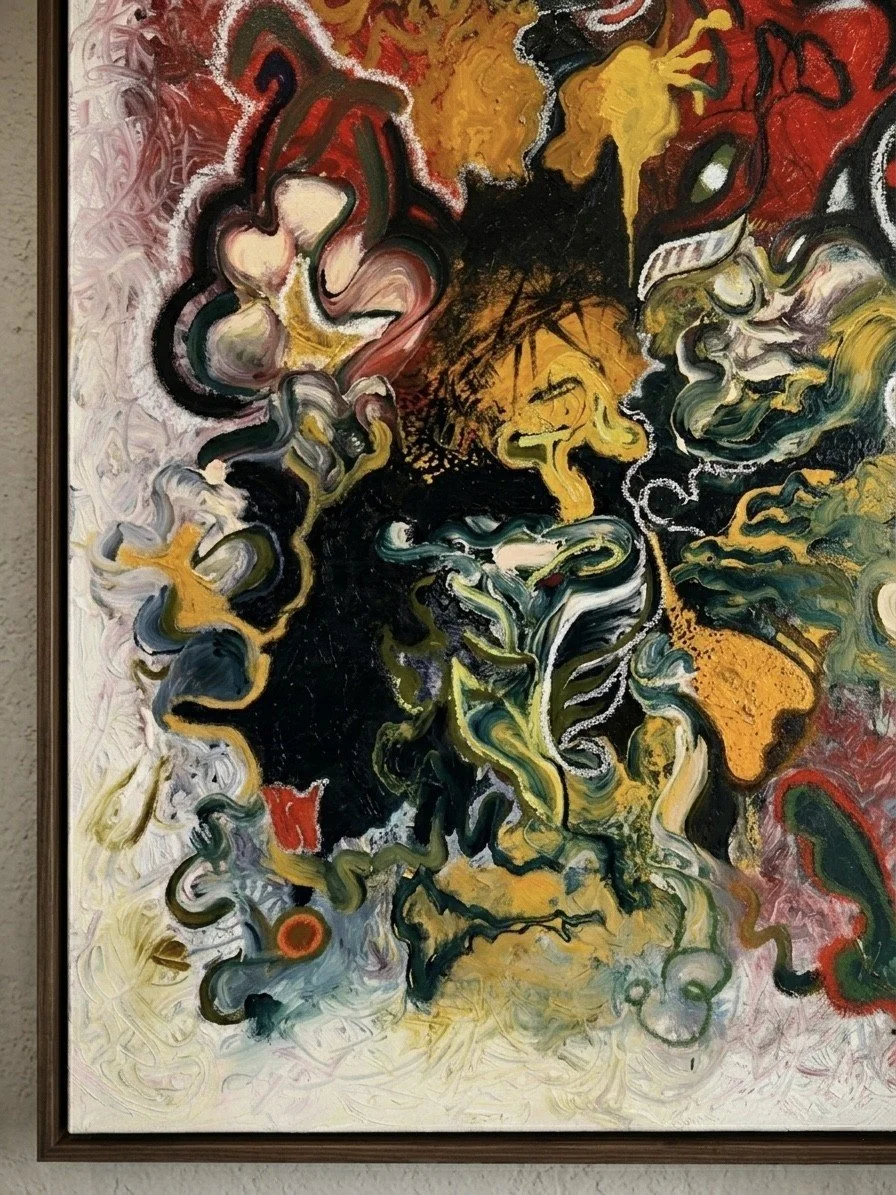 Abstract expressionist painting with swirling lines and vibrant colors including black, yellow, red, white, and green, creating a dynamic composition.