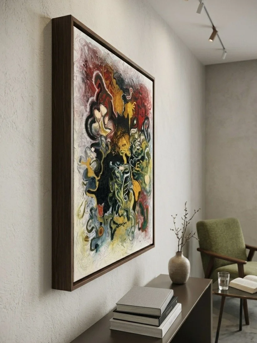 Abstract colorful painting on wall, with a table below holding four stacked books, a vase with branches, a glass of water, and a green armchair nearby.