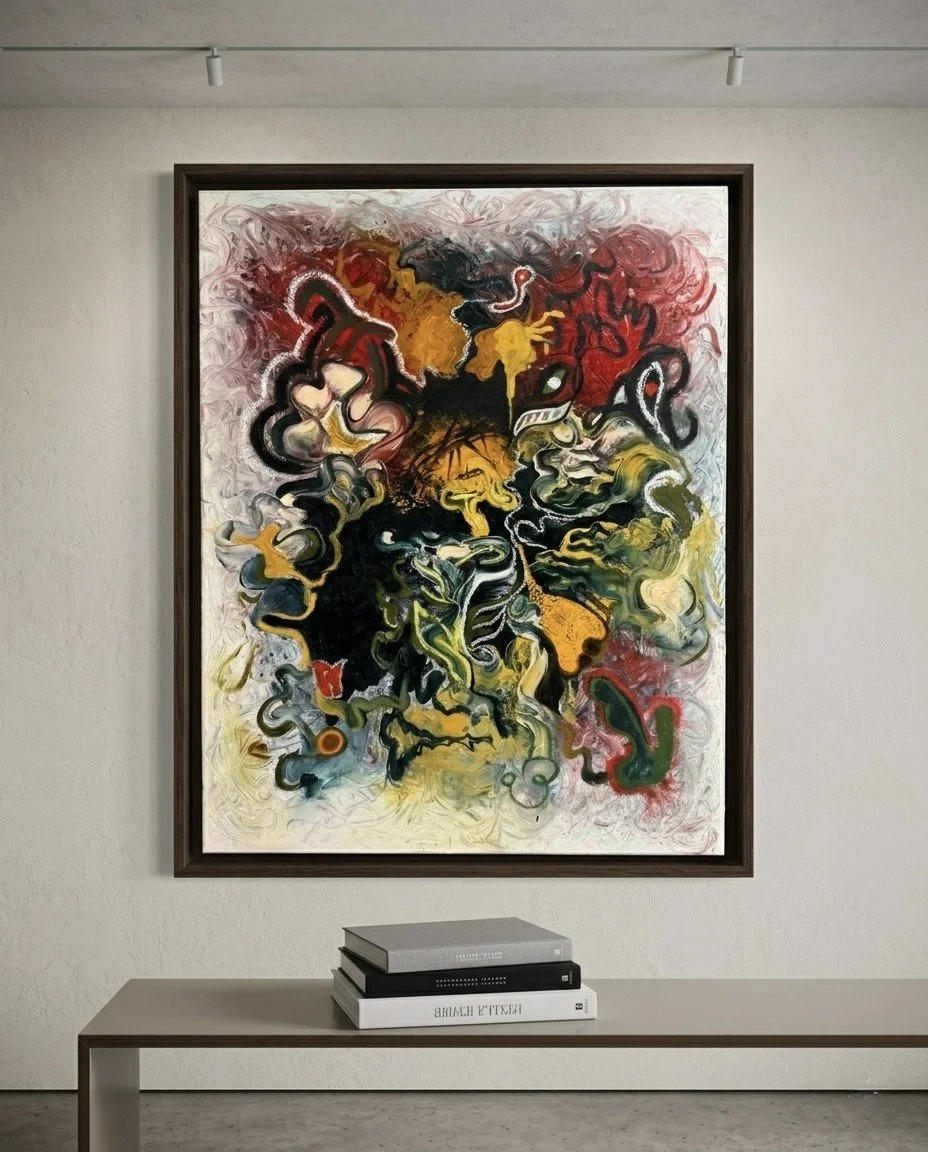 Colorful abstract painting with swirling shapes and figures in red, yellow, black, green, and white, hanging on a white wall in an art gallery.