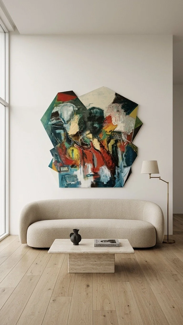 Colorful abstract painting with swirling shapes and figures in red, yellow, black, green, and white, hanging on a white wall in an art gallery.