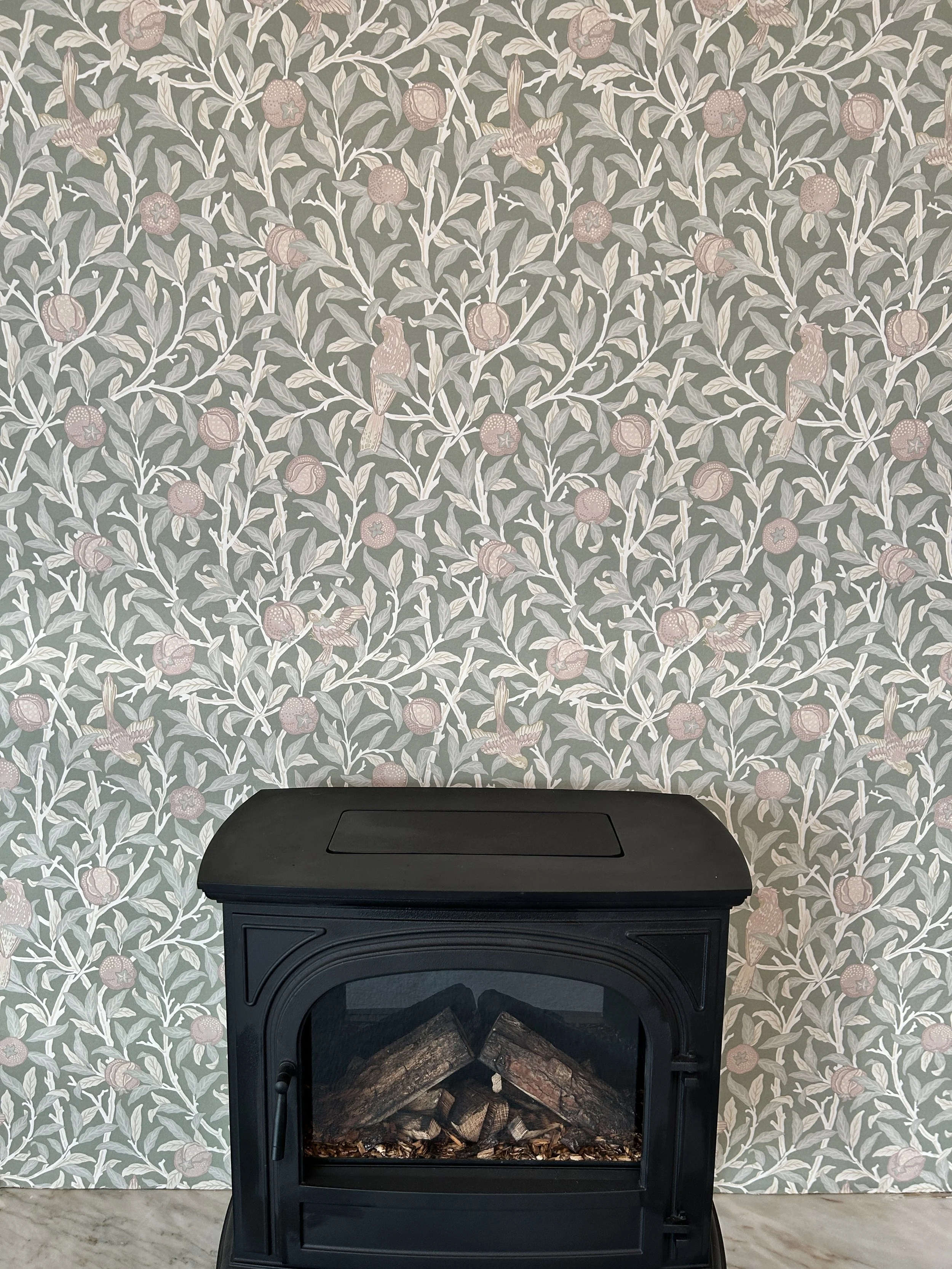 Lovely William Morris wallpaper installation in the lounge room. The original paper was stripped from walls, walls were then smoothed out and lined before the paper was hung. Check out the before and after photos for the full process in the link belo