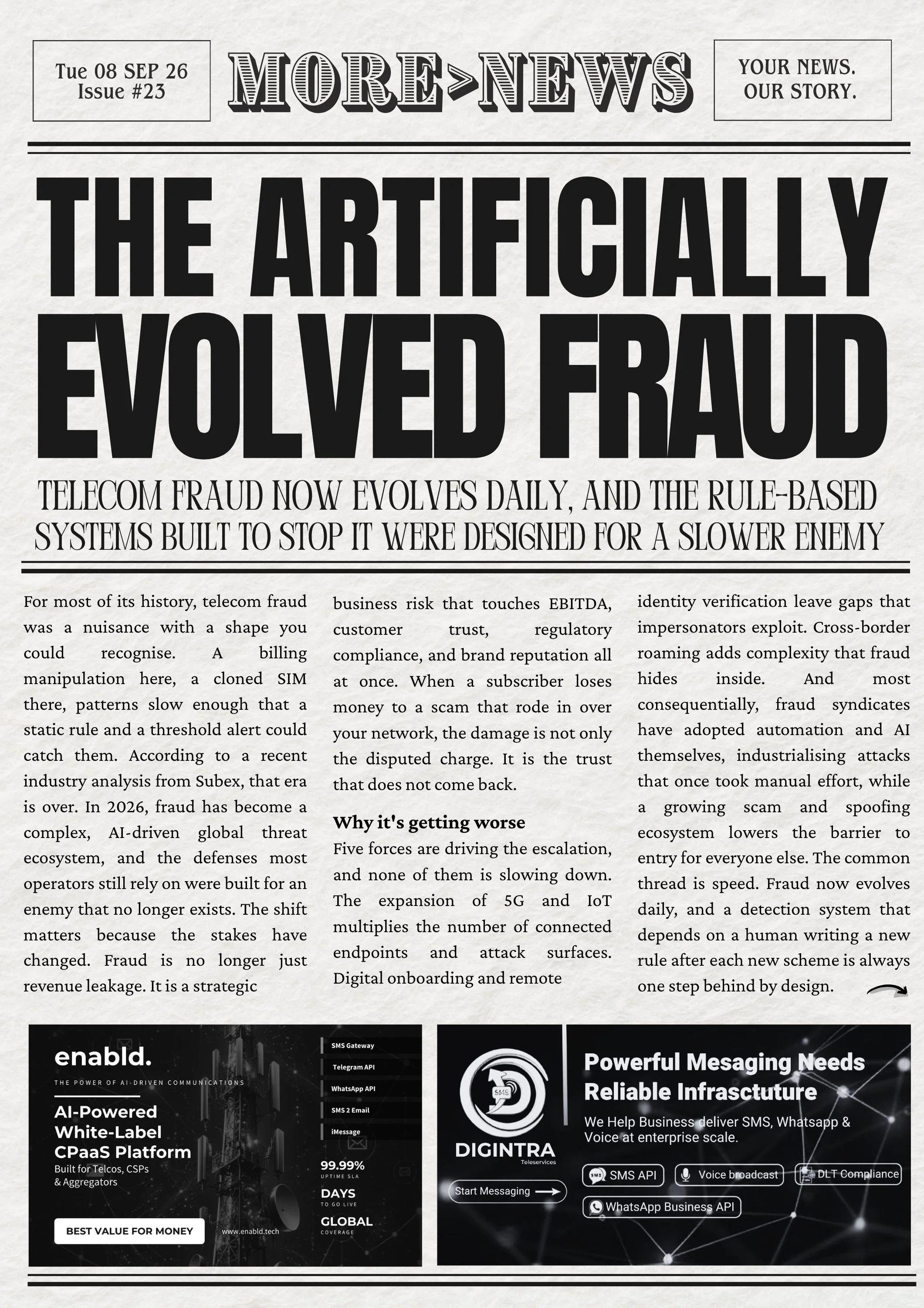 A newspaper titled 'More News' with headline 'The Artificially Evolved Fraud' discussing telecom fraud evolution and cybersecurity. Also features advertisements for a tech platform, messaging APIs, and digital telecom solutions.