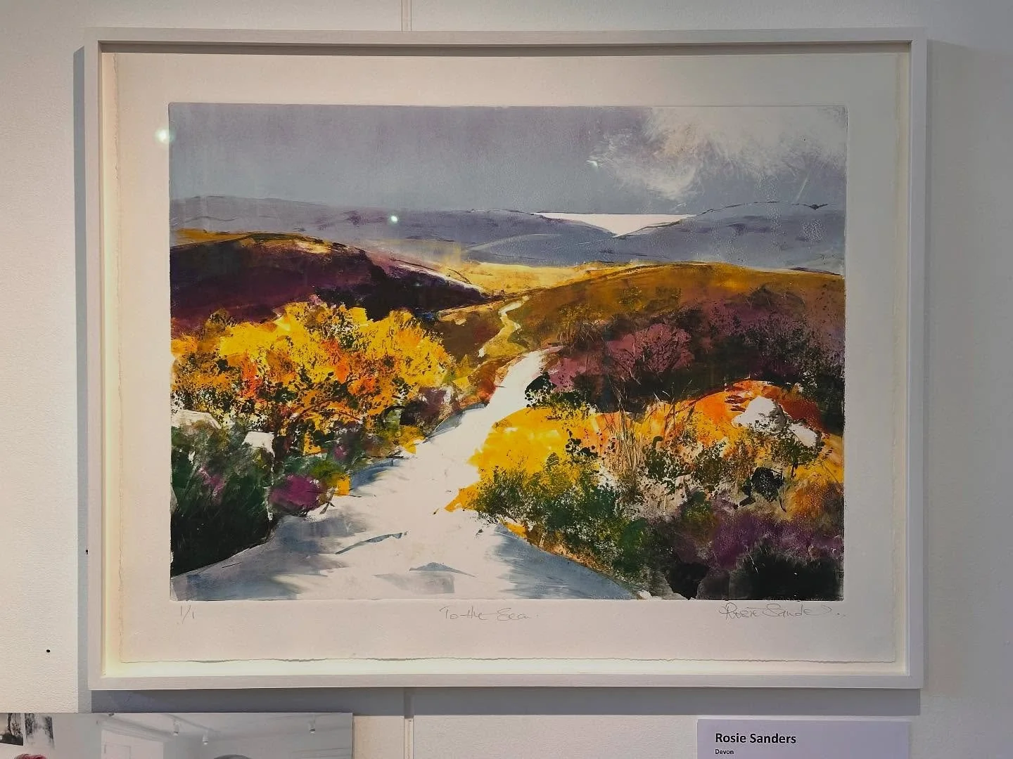 New monotype to replace the one that sold in the current summer show @makesouthwest This new monotype is in response to the carpet of brilliant yellow  gorse and purple heathers I see where i walk each morning. In the distance I can see the the trian