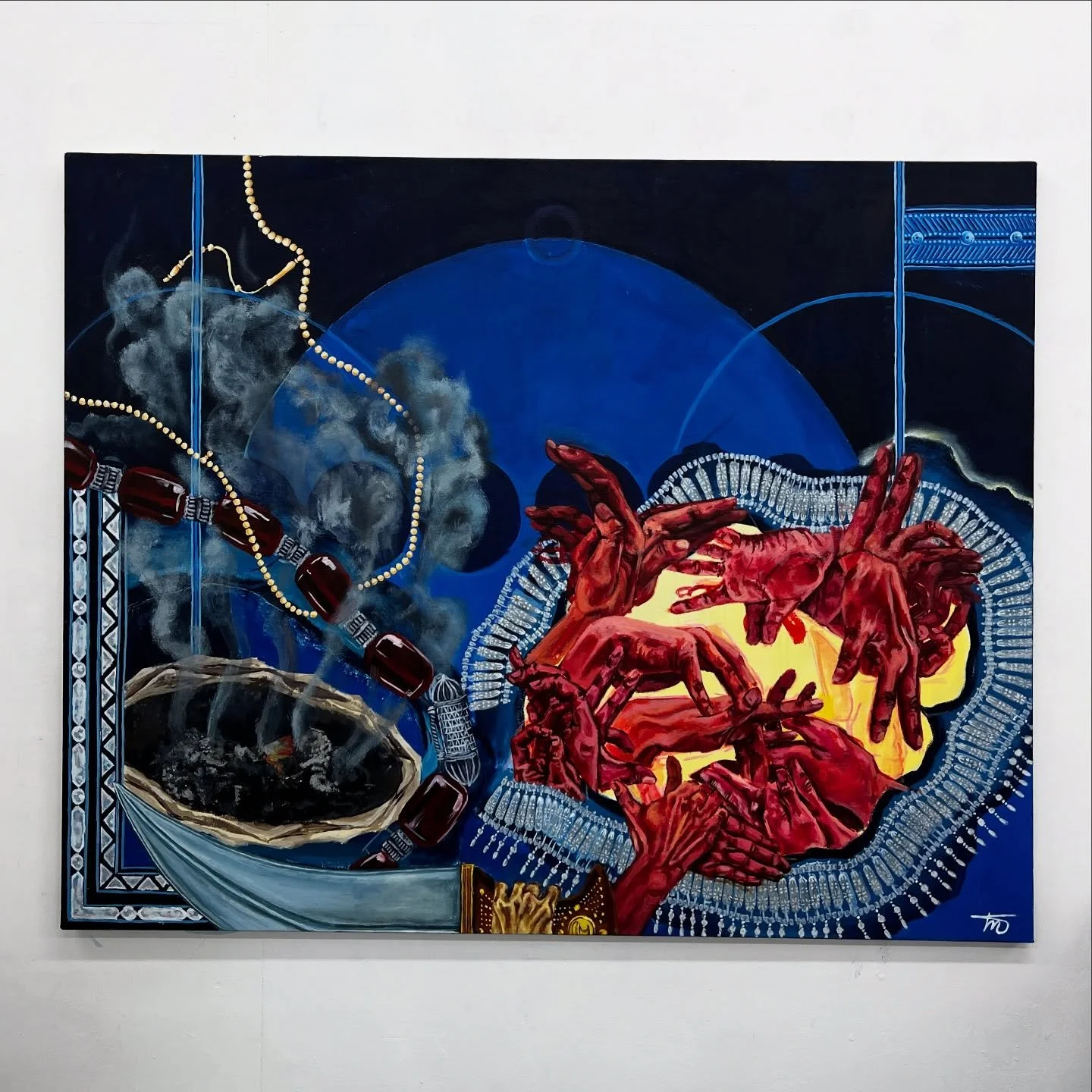 &lsquo;Blue within Blue&rsquo; 
127 cm x 101.60 cm 
Blue within Blue is a chain of memories reflecting on the playful and meditative rituals of nightfall, as prayer beads and hand puppetry glide across the piece. It embodies joyful and playful energy