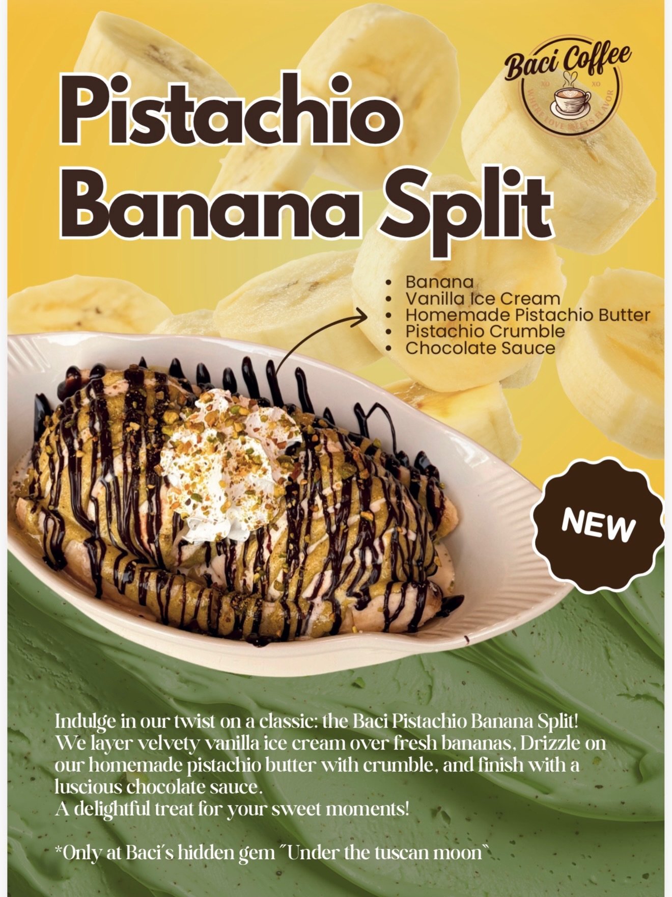 ✨ Moon Room Weekend Exclusives ✨ Book your Moon Room experience through OpenTable and unlock the menu most people never see!

🍌 Pistachio Banana Split &mdash; $14.99
Split banana, two big scoops of vanilla ice cream, pistachio butter drizzle, chocol