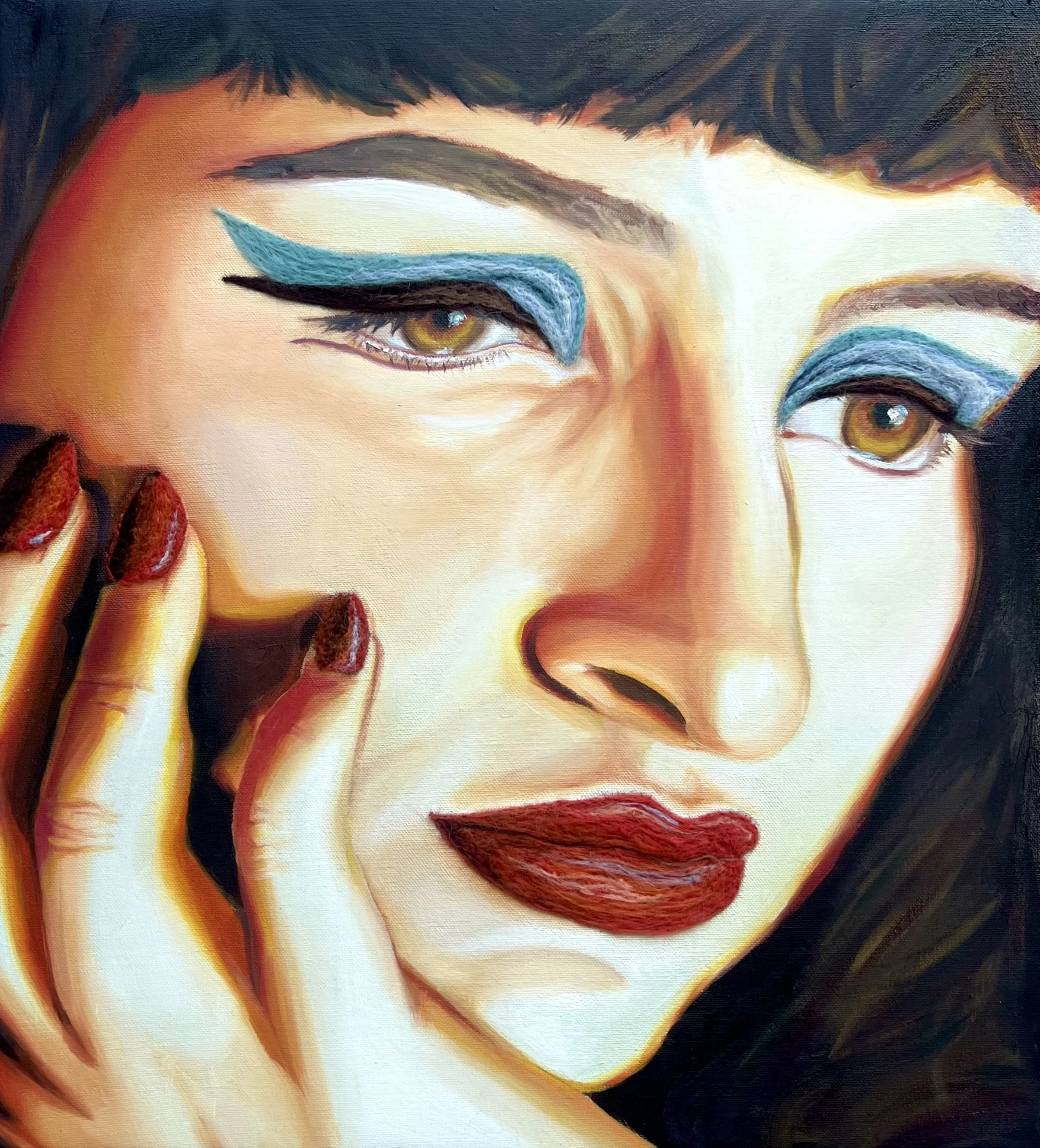 'A Light Shines It's Brightest In the Dark', oil & felt needled wool on canvas, H 50 x 42cm