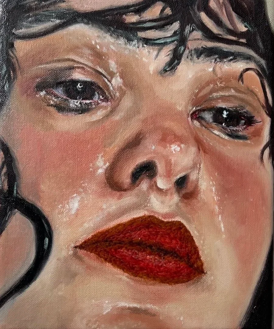 'No Shrinking Violets', oil & felt needle wool on canvas, H 25 x 21cm