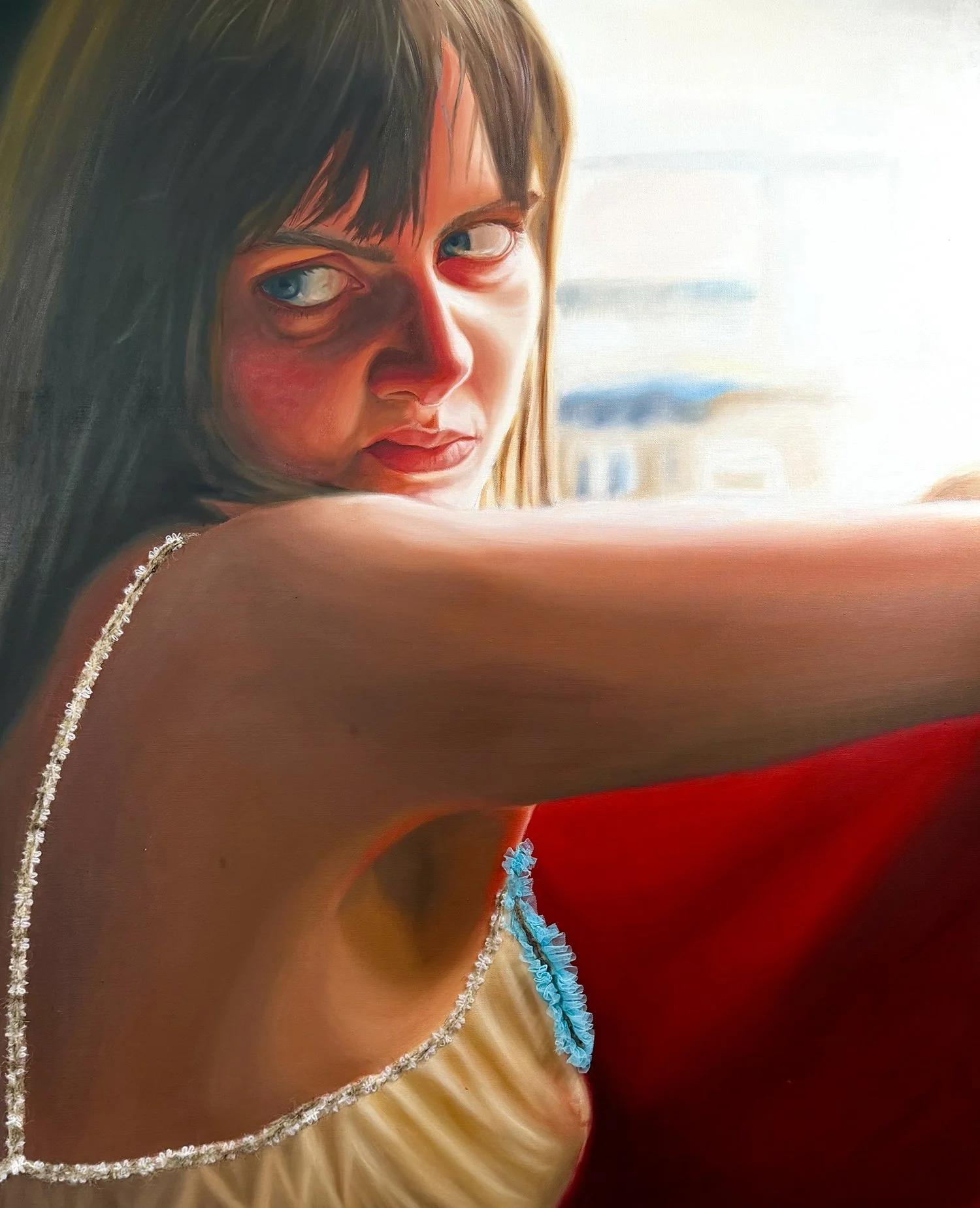 'Milly With Red', oil and felted wool & tulle trim on canvas, H 120 x 100cm