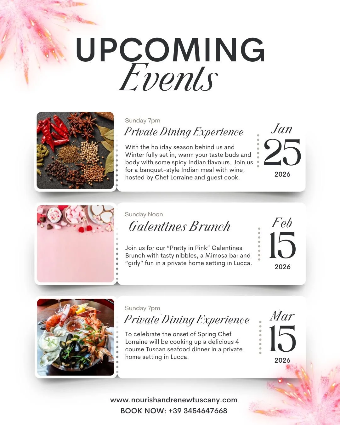 Poster listing upcoming dining events with dates and descriptions, including a private dining experience on January 25, 2026, a Galentines brunch on February 15, 2026, and another private dining experience on March 15, 2026, with food images and floral decorations.