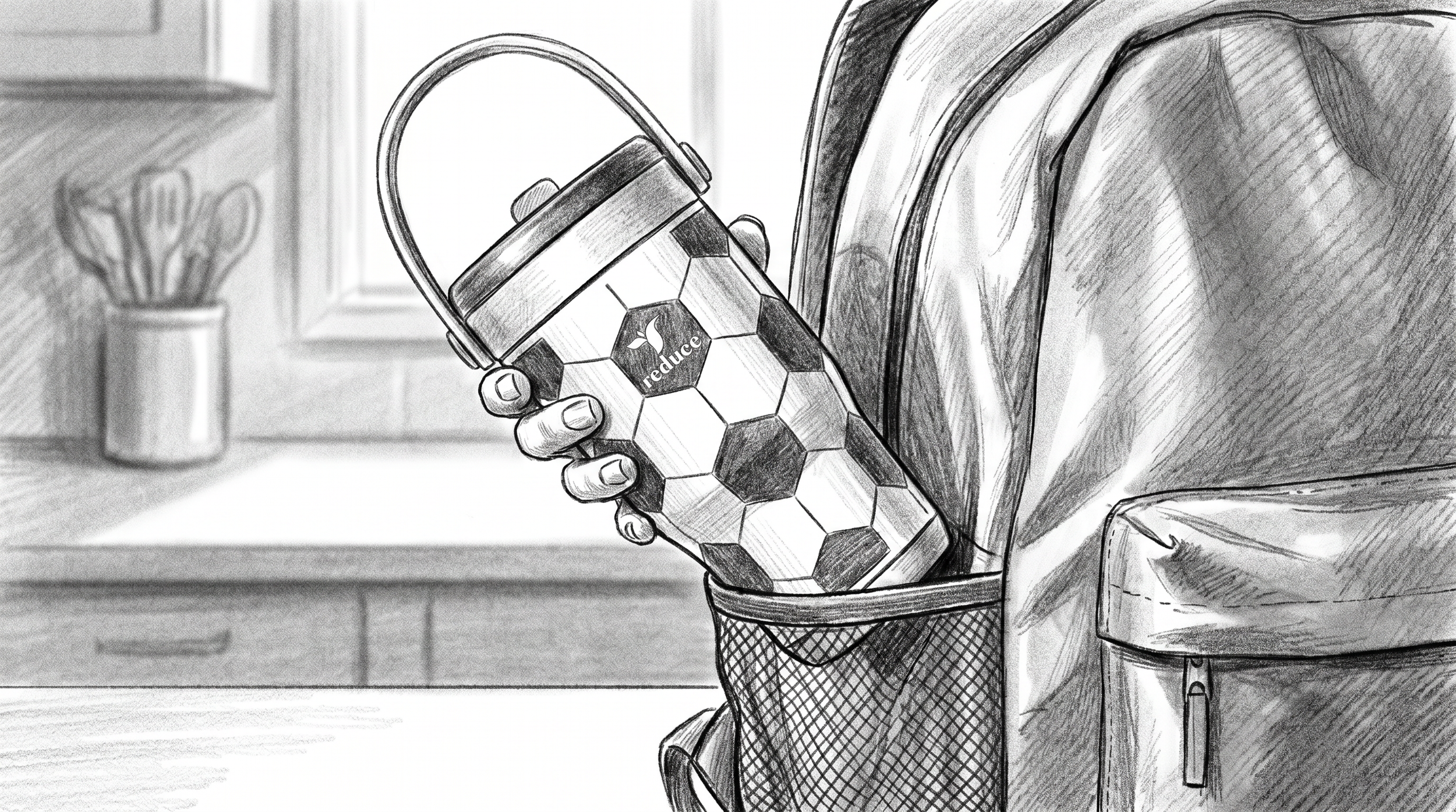 A person holding a coffee cup with a soccer ball pattern and the word 'reduce' written on it. The person is wearing a jacket and fishnet stockings, sitting in a kitchen next to a countertop and a potted plant with scissors in it.