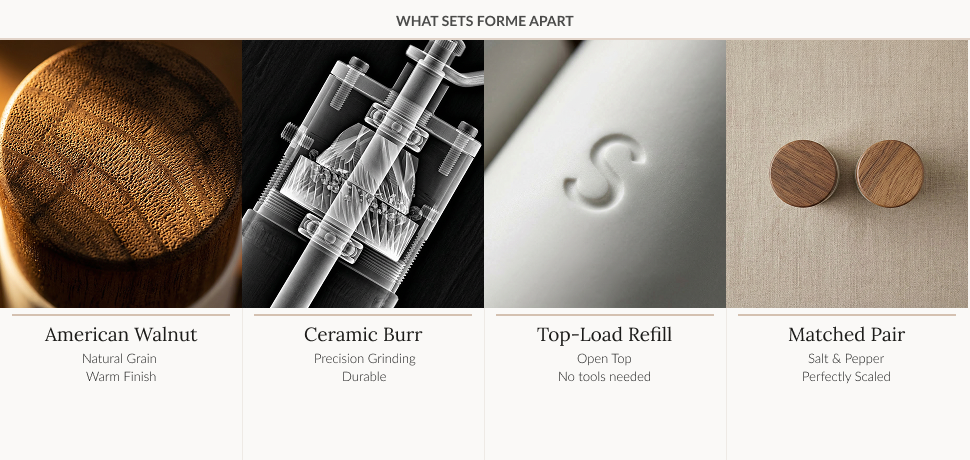 Diagram of four kitchen tools and materials: American Walnut wood, ceramic burr drill bit, top-load refill container, and a matched pair of salt and pepper shakers.