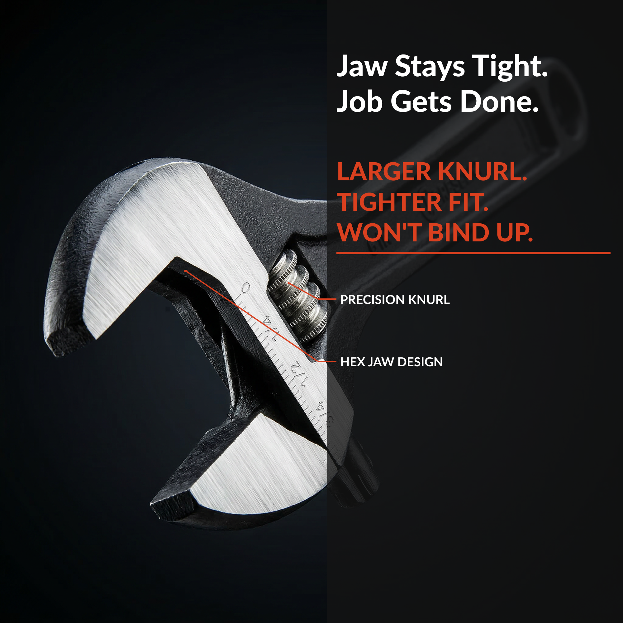 Close-up of a metal golf tee with instructional text overlay: "Jaw Stays Tight. Job Gets Done. Larger Knurl. Tighter Fit. Won't Bind."