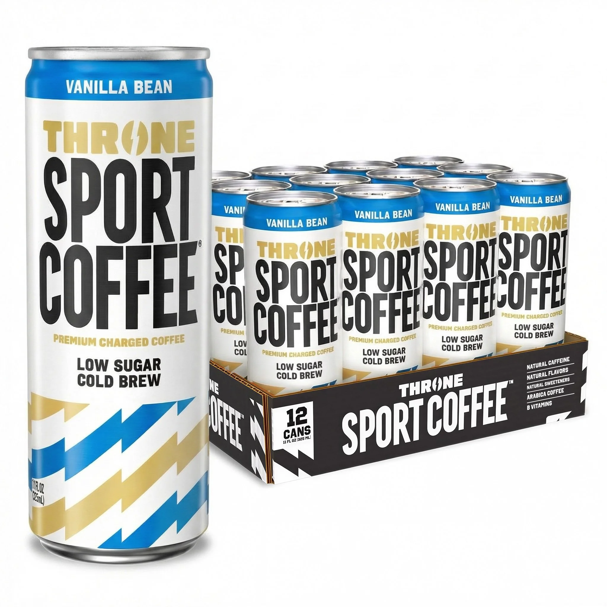 A display of canned coffee drinks labeled 'Throne Sport' in a box, with one large can in the foreground and smaller cans in the background. The cans are blue, white, black, and gold, and mention low sugar, cold brew, natural flavors, and caffeine.