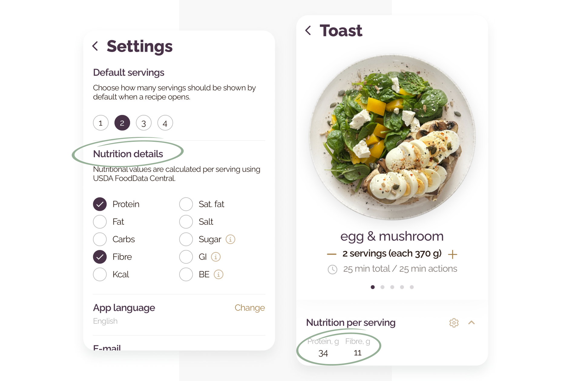 Two Plezha app screens. Left: Settings → Nutrition details, with only protein and fibre selected out of ten metrics. Right: an egg and mushroom toast recipe showing 34 g protein and 11 g fibre per serving.