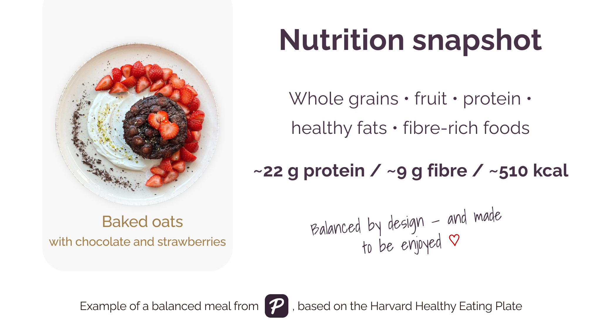 Balanced baked oats with strawberries, yogurt and chocolate from the Plezha app, illustrating a high-protein, high-fibre balanced meal.