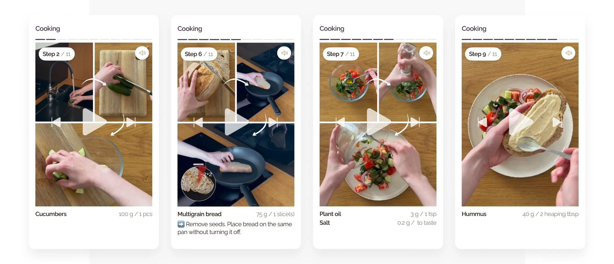 Four steps from Plezha's Greek Fusion toast recipe showing the video player interface — looped step-by-step cooking instructions with ingredient amounts and close-up details