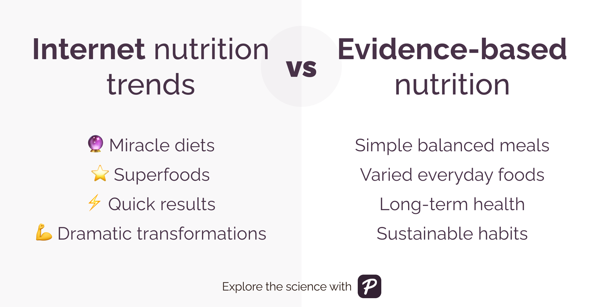 Infographic comparing internet nutrition trends like miracle diets and superfoods with evidence-based nutrition principles such as balanced meals and long-term health.