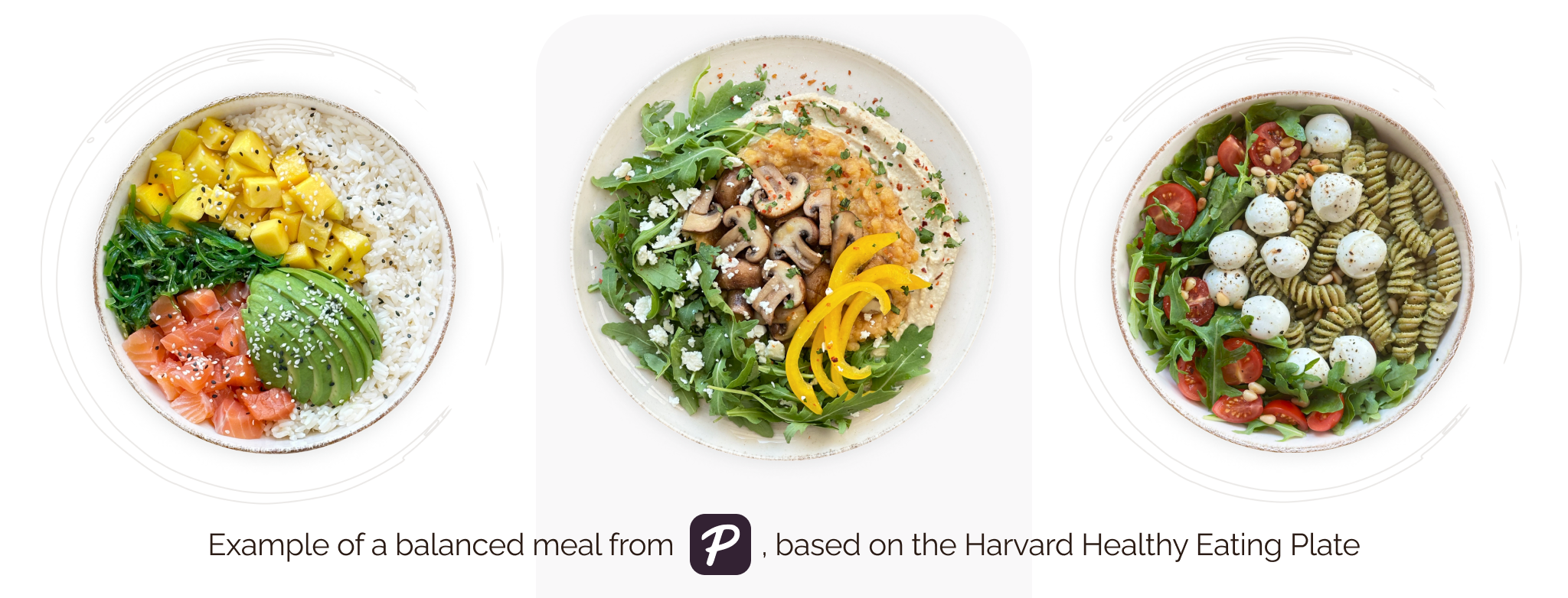 Balanced meal from the Plezha app based on the Harvard Healthy Eating Plate, including vegetables, whole grains and protein.