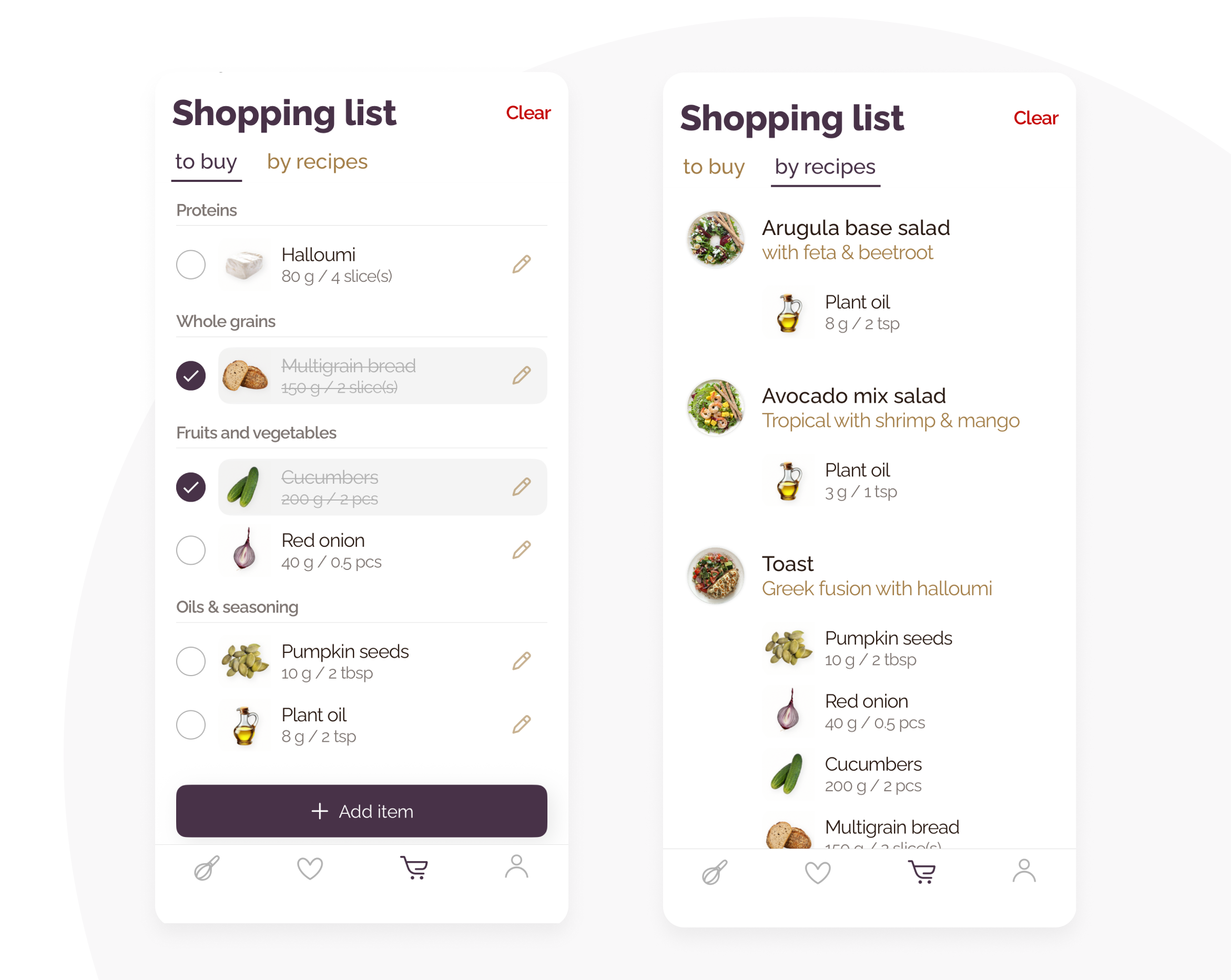 Plezha built-in shopping list, sorted by ingredient type and by recipe