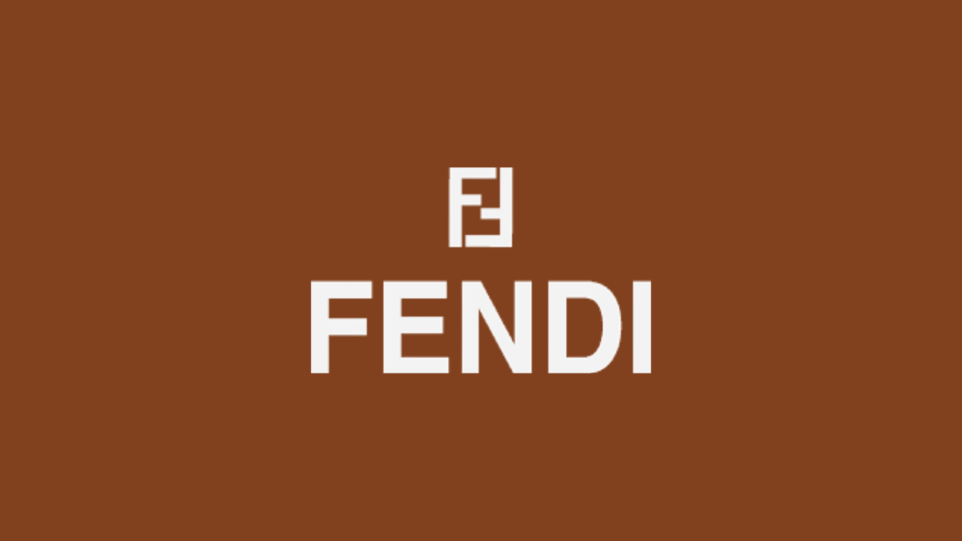 Fendi logo on a brown background featuring the brand name and logo.