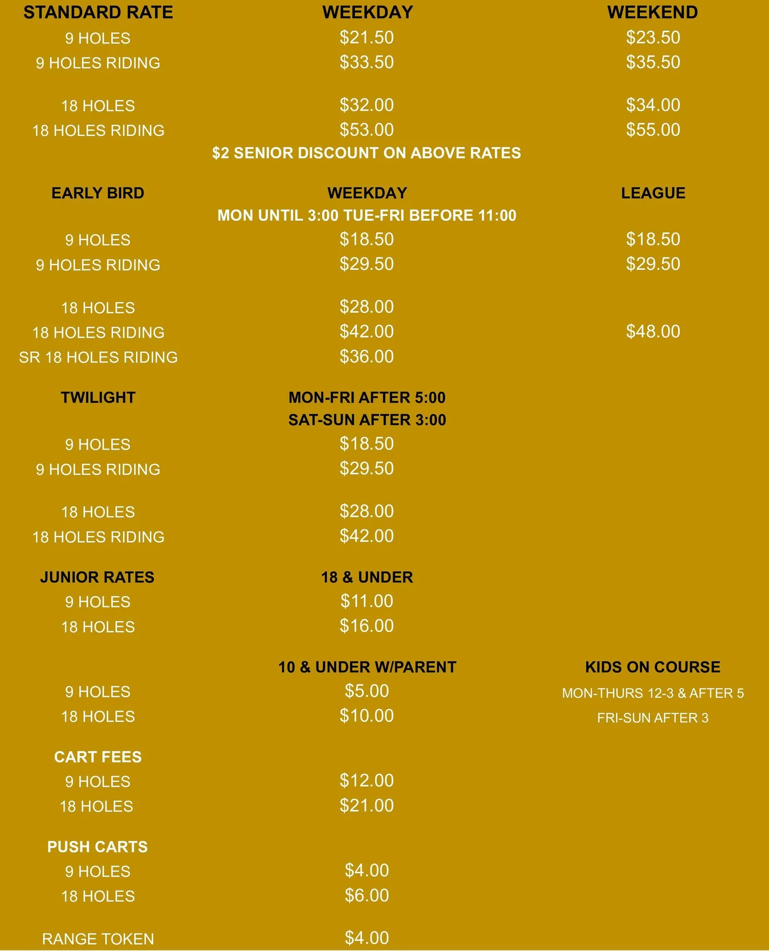 Rates — High Cliff Golf Course & Event Center