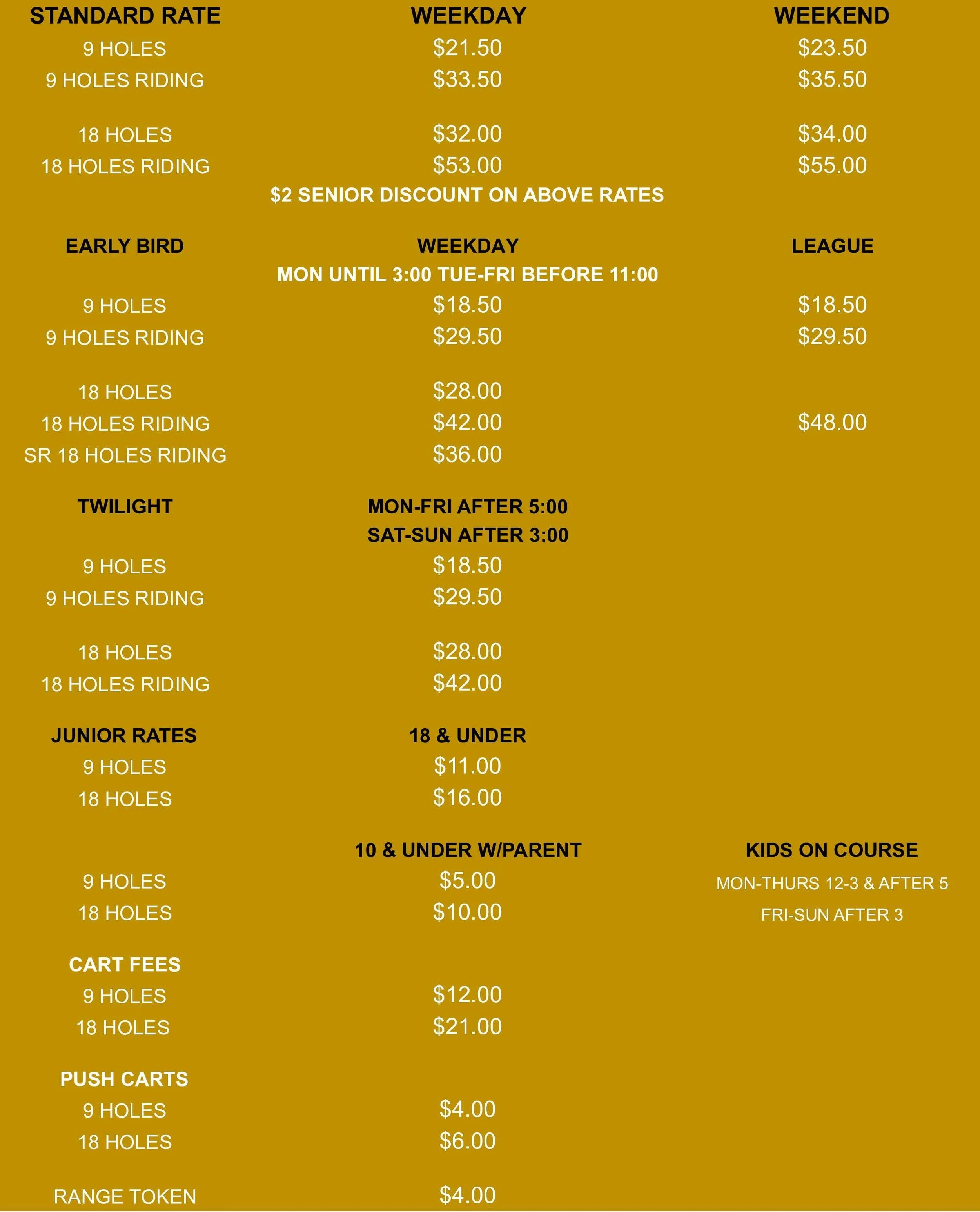 Rates — High Cliff Golf Course & Event Center