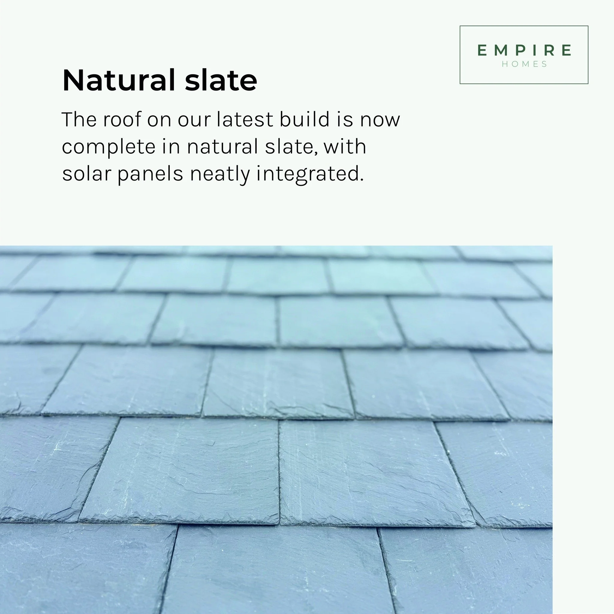 The roof on our latest build is now complete in natural slate, with solar panels neatly integrated to bring energy efficiency without taking away from the look of the house.

On the flat roof section, the parapet has been capped with stone - a small 