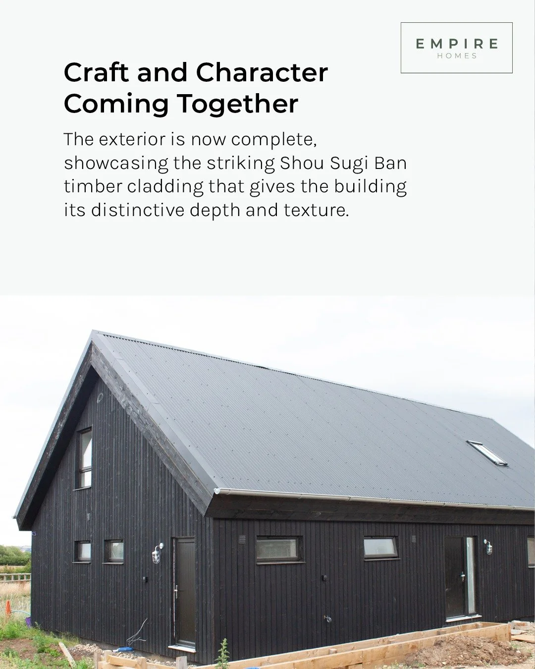 The exterior on this incredible project is now complete, showcasing the striking Shou Sugi Ban timber cladding that gives the building its distinctive depth and texture.
Inside, plastering and tiling are finished, and the first light fittings are in 