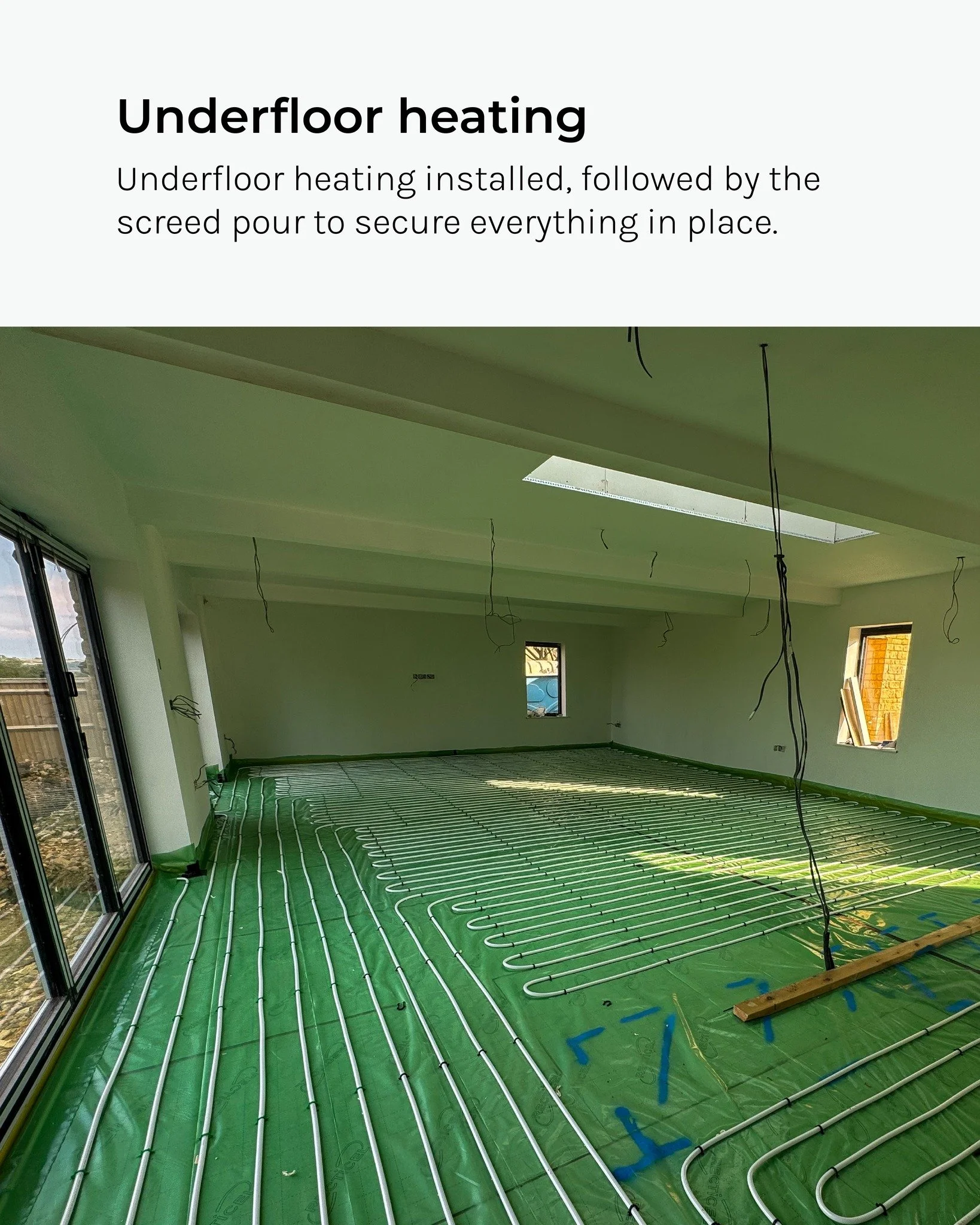 Underfloor heating installed, followed by the screed pour to secure everything in place.
This stage is all about performance &mdash; even heat distribution, improved efficiency and a solid base ready for final floor finishes.

It&rsquo;s the kind of 