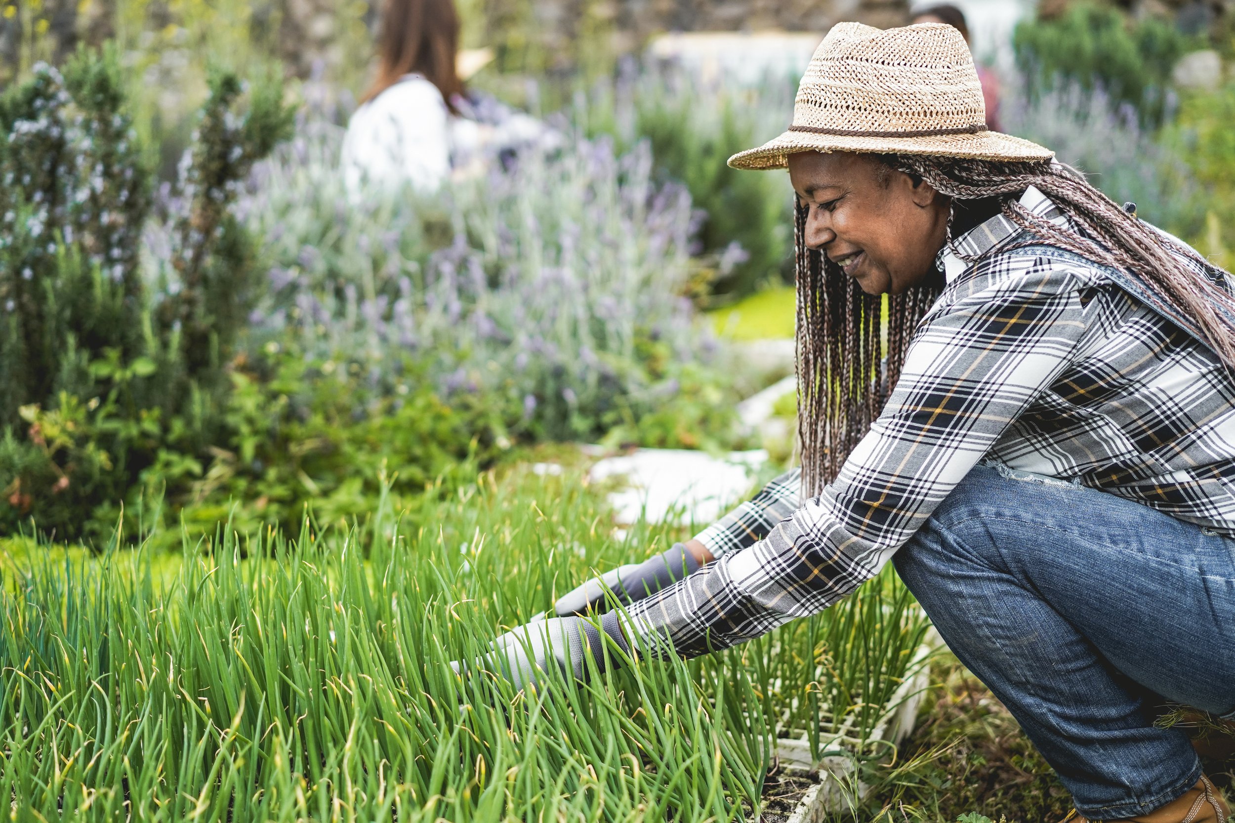 Smiling female producer working in a green field, tending to crops.