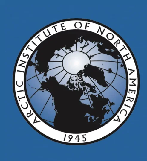 Logo of the Arctic Institute of North America, featuring a black globe of the Arctic with North America and Eurasia, surrounded by a white circular border with the institution's name and the year 1945.