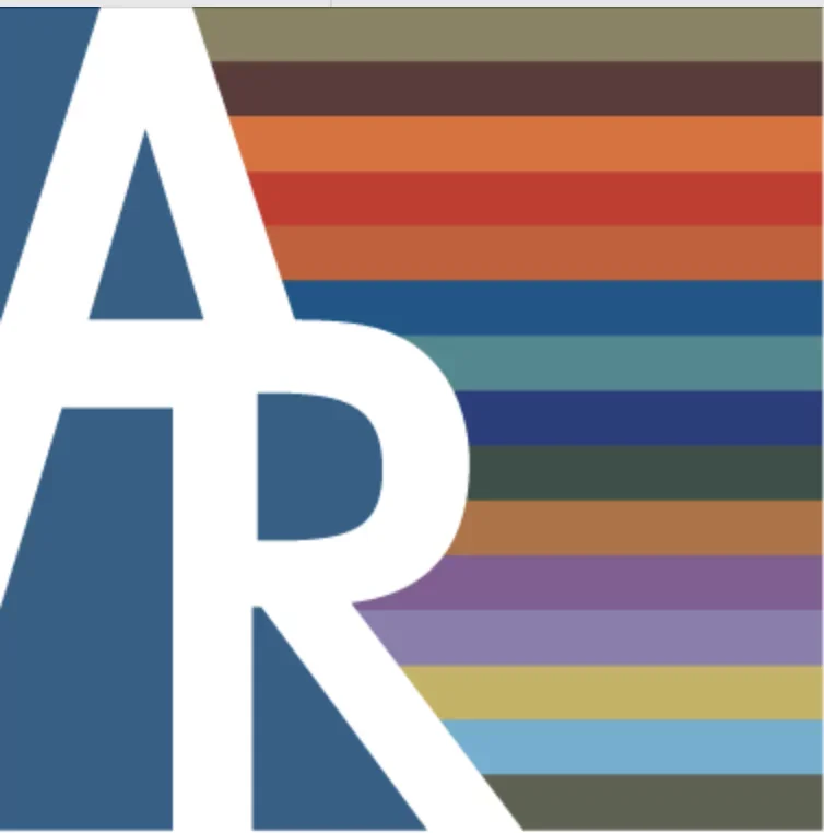 Partial view of a colorful striped background with white block letters 'A' and 'R' overlapping.