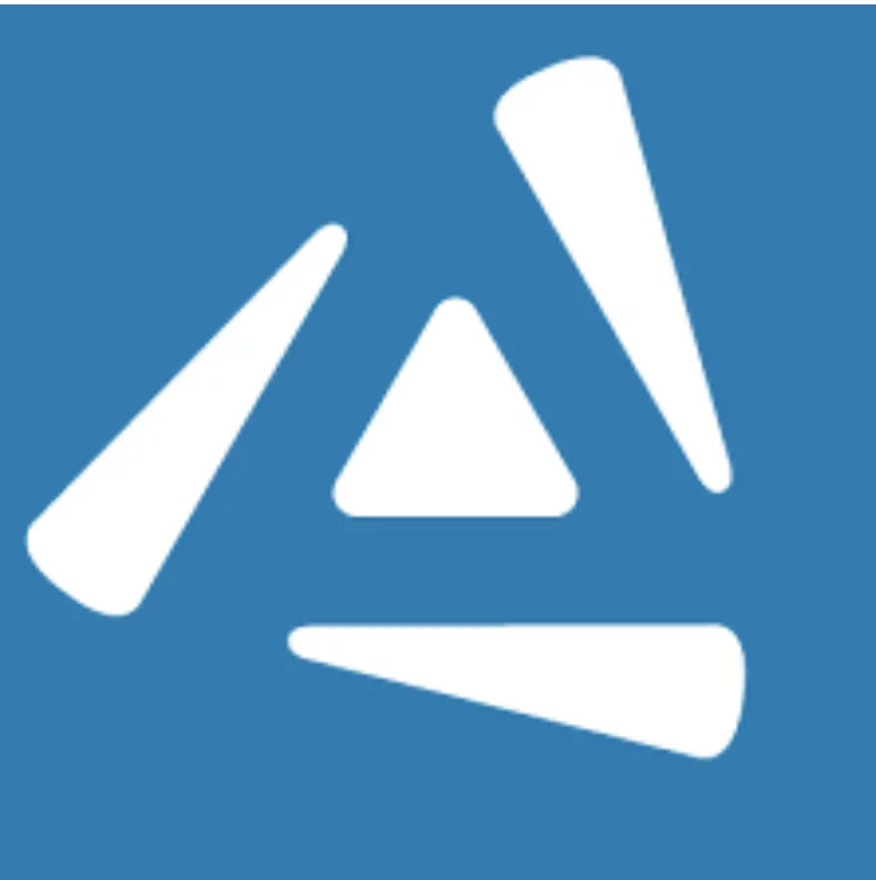Abstract symbol with a blue background and white shapes forming a triangle and lines.