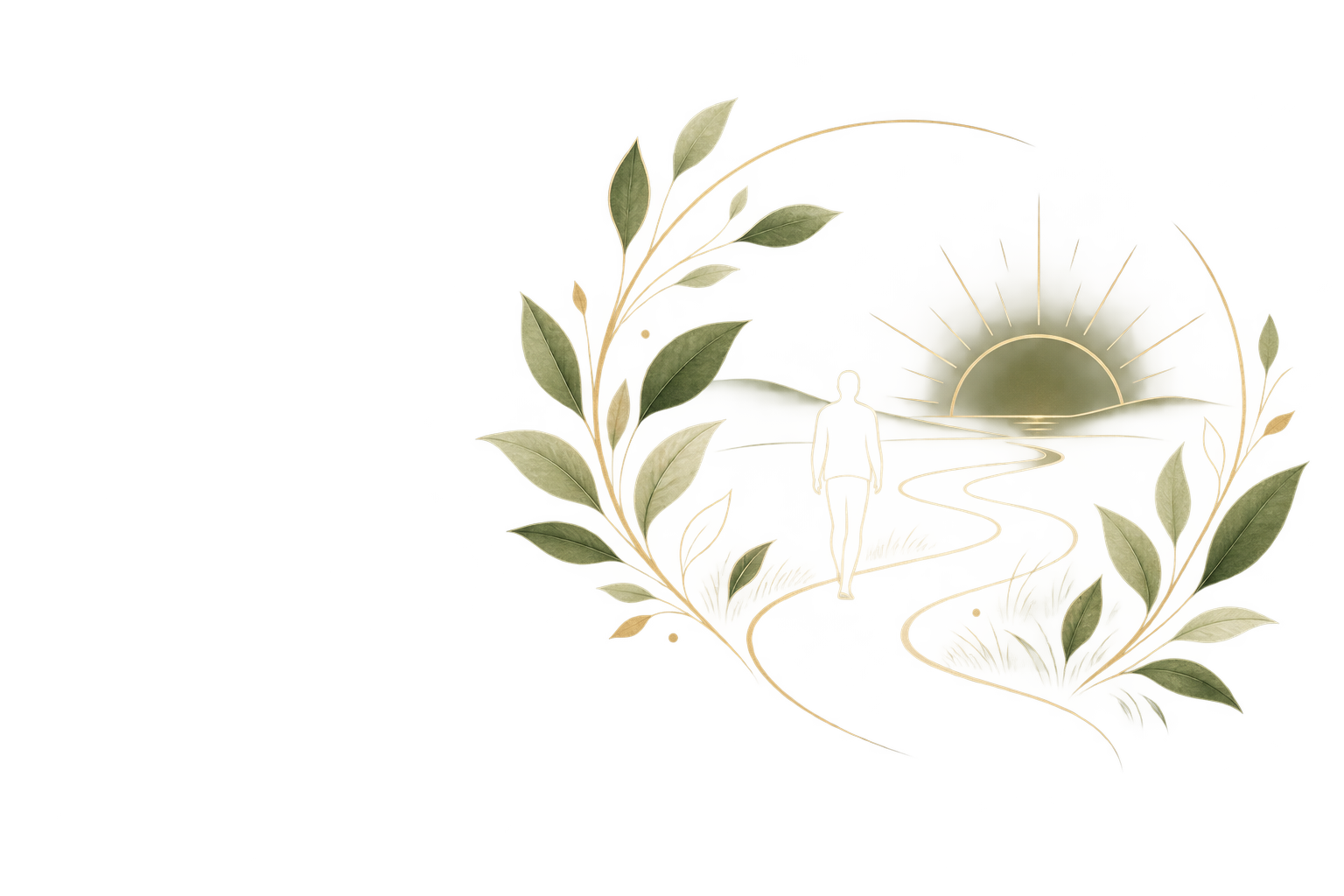 A stylized illustration of a person walking along a winding path towards a setting sun, surrounded by a wreath of green leaves.
