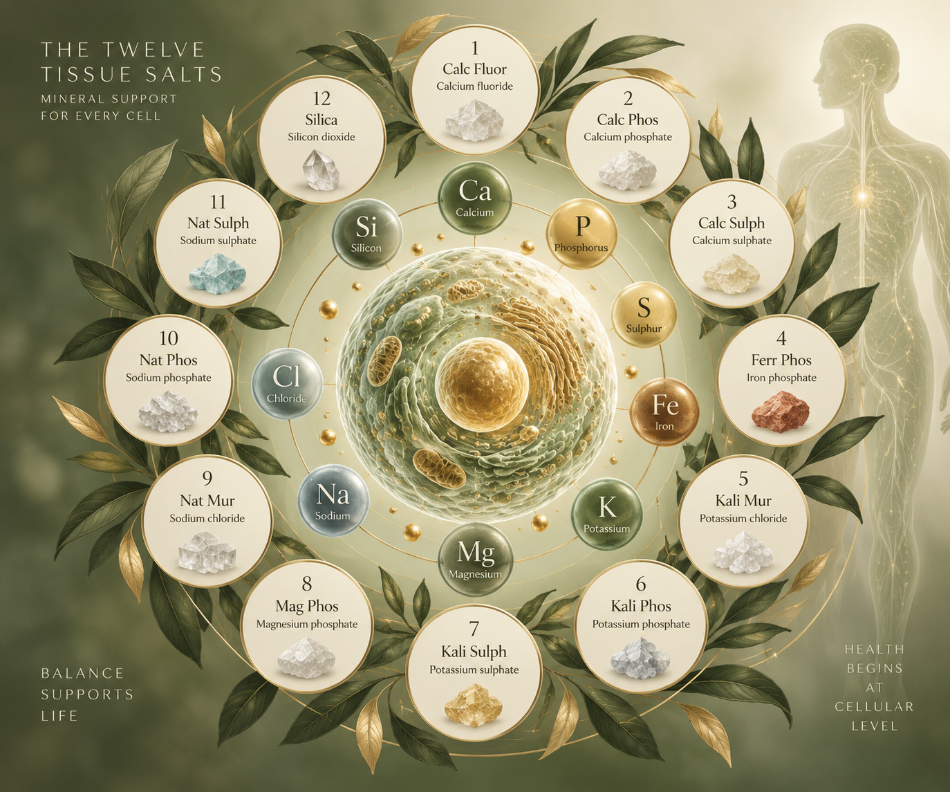 Diagram of the twelve tissue salts with their names, formulas, and mineral supports, arranged around a cell illustration with a human body outline in the background. Decorative leaves surround the diagram.