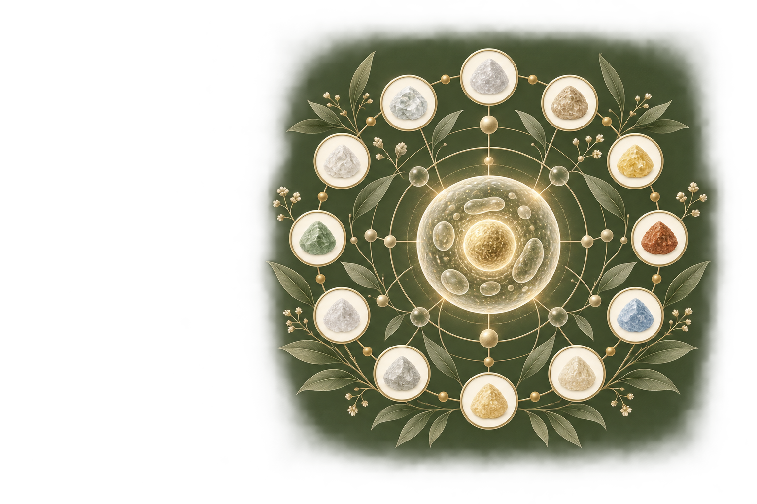 A digital illustration of a cell surrounded by 12 rocks, each in a circle, connected with lines, with leaves and small flowers in the background.