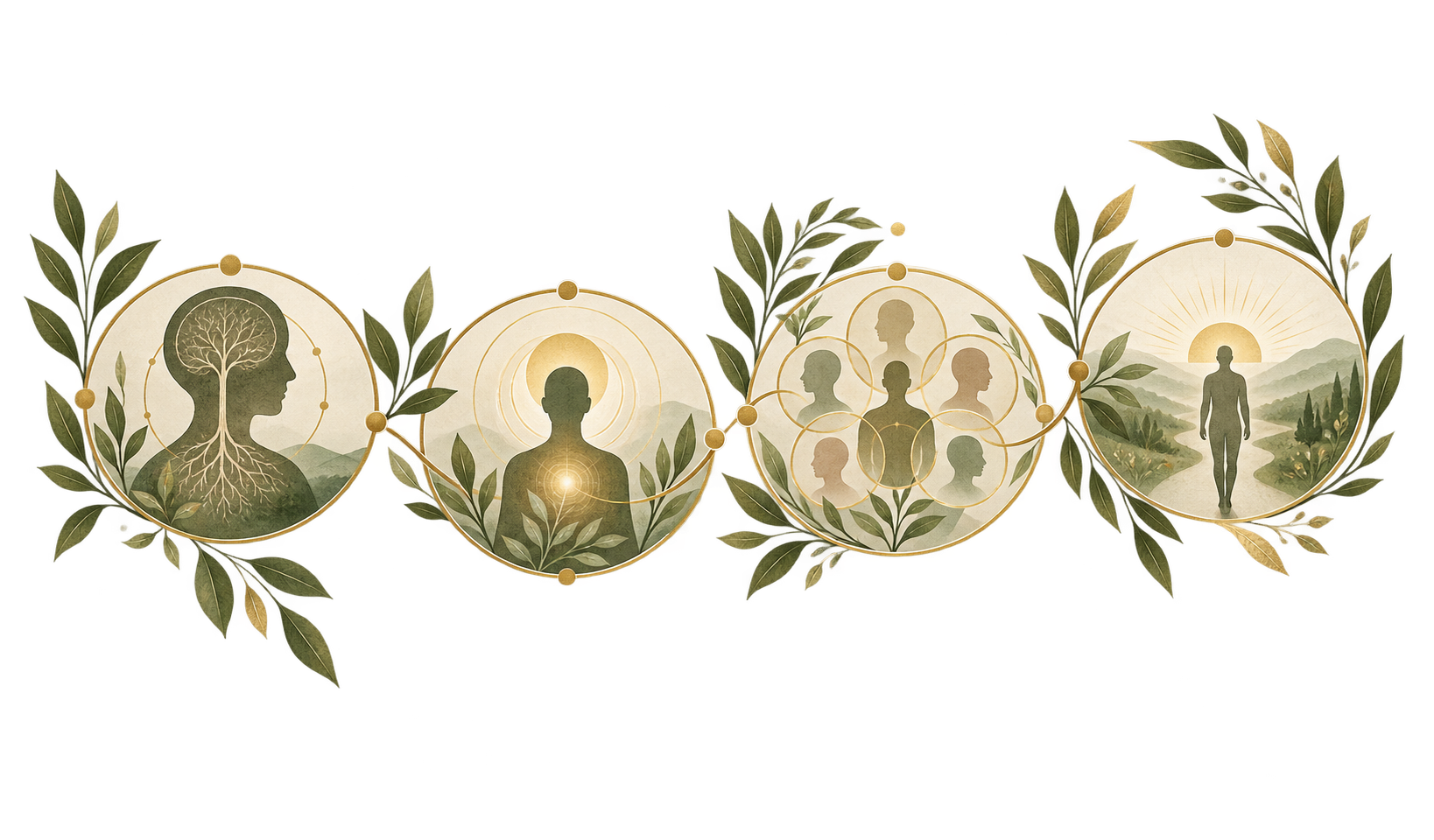Illustration of a human head with a tree inside, a person meditating with energy radiating around, interconnected human silhouettes, and a person walking towards a sunrise over mountains, all surrounded by green leaves.