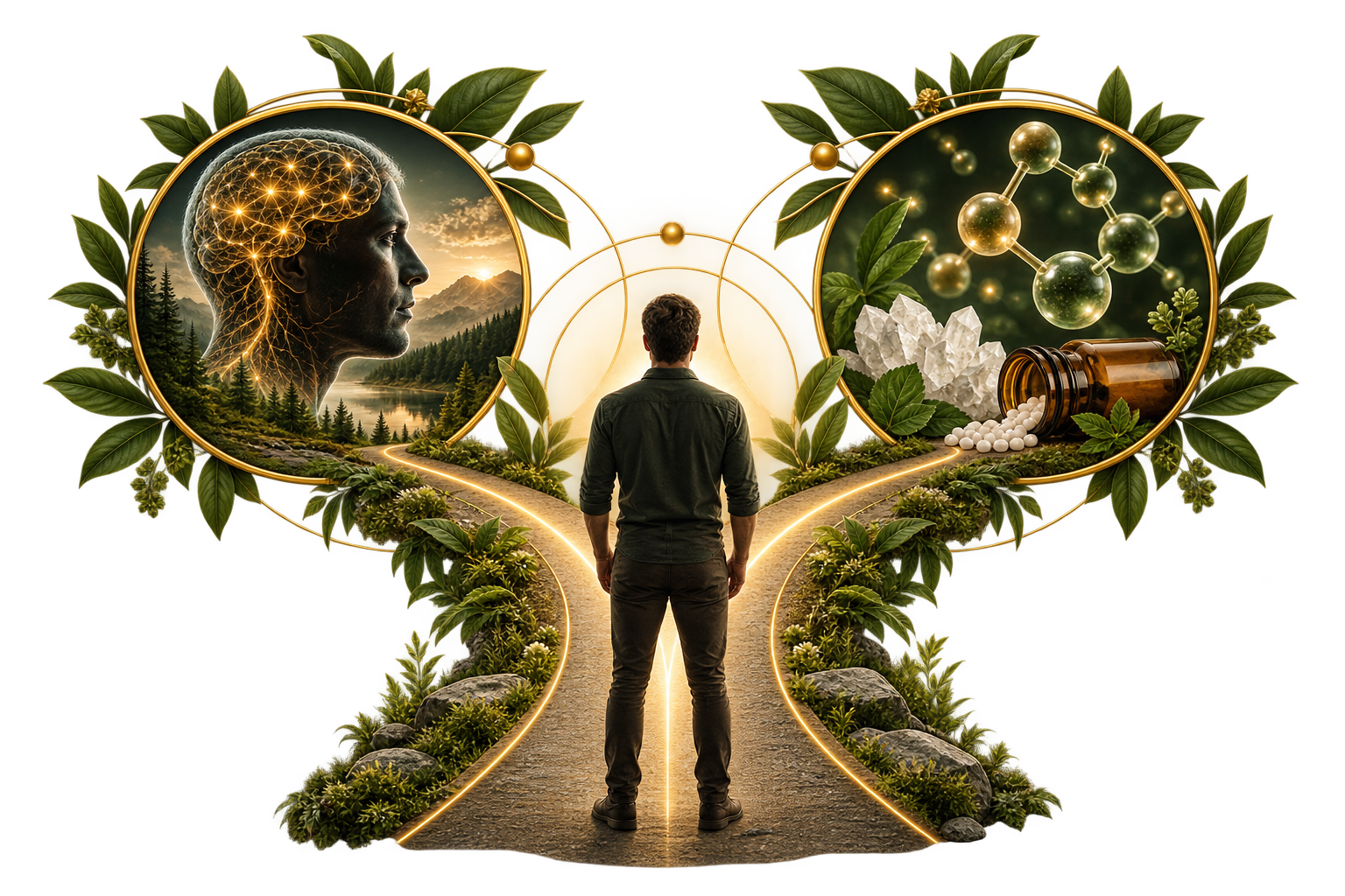 A digitally created scene of a man standing at a fork in a road surrounded by greenery, with two circular frames representing the left and right paths. The left frame shows a profile of a human head with a glowing brain over a natural landscape including mountains, trees, and a river. The right frame contains molecular structures, crystals, and medication bottles, indicating science and medicine. The scene emphasizes choices related to nature versus science or mind versus body.