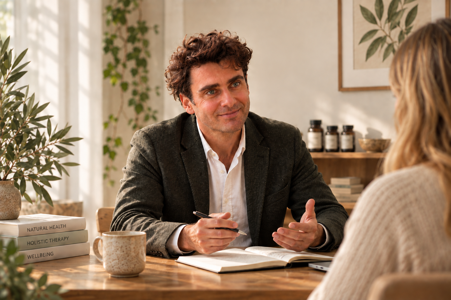 A man in a dark blazer talking to a woman in a beige sweater at a wooden table in a bright room with plants and shelves with books and bottles in the background.