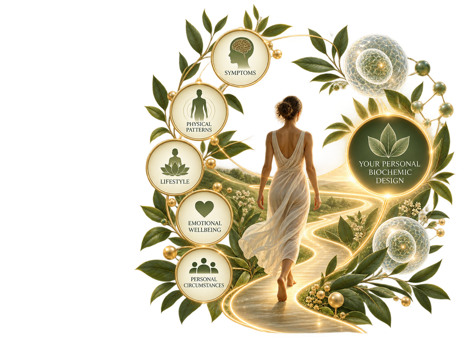 A woman walking on a winding path through a scenic landscape surrounded by leaves and glowing orbs, with circular icons highlighting themes like lifestyle, emotional wellbeing, personal circumstances, physical patterns, symptoms, and biochemistry.