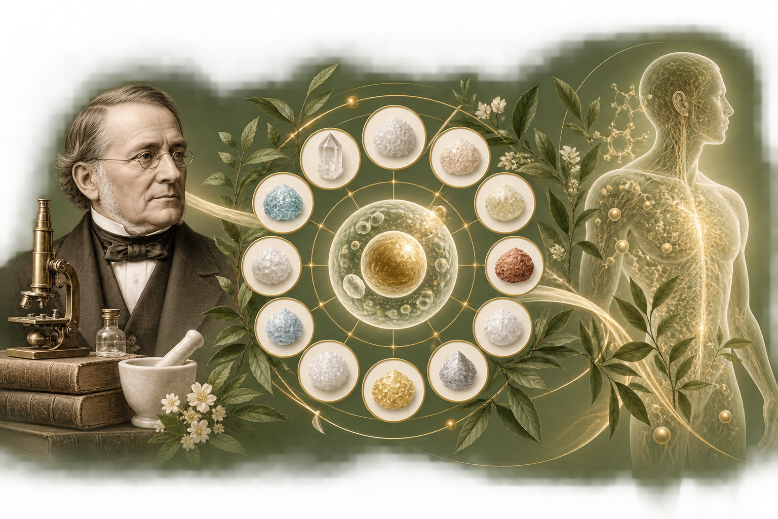 A scientific illustration featuring a distinguished man from the 19th century, a modern human body illustration, and a central complex molecular diagram of various colored molecules connected with gold lines and surrounded by green leaves and flowers.