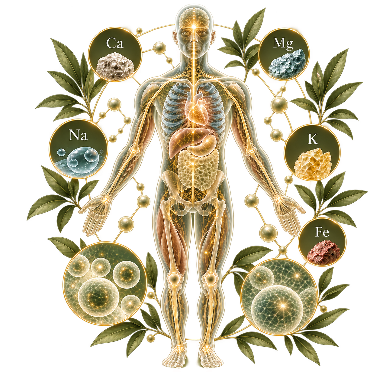 Illustration of the human body with internal organs and surrounding elements representing essential minerals and nutrients like calcium, magnesium, potassium, sodium, iron, and trace minerals, with a decorative leafy border.