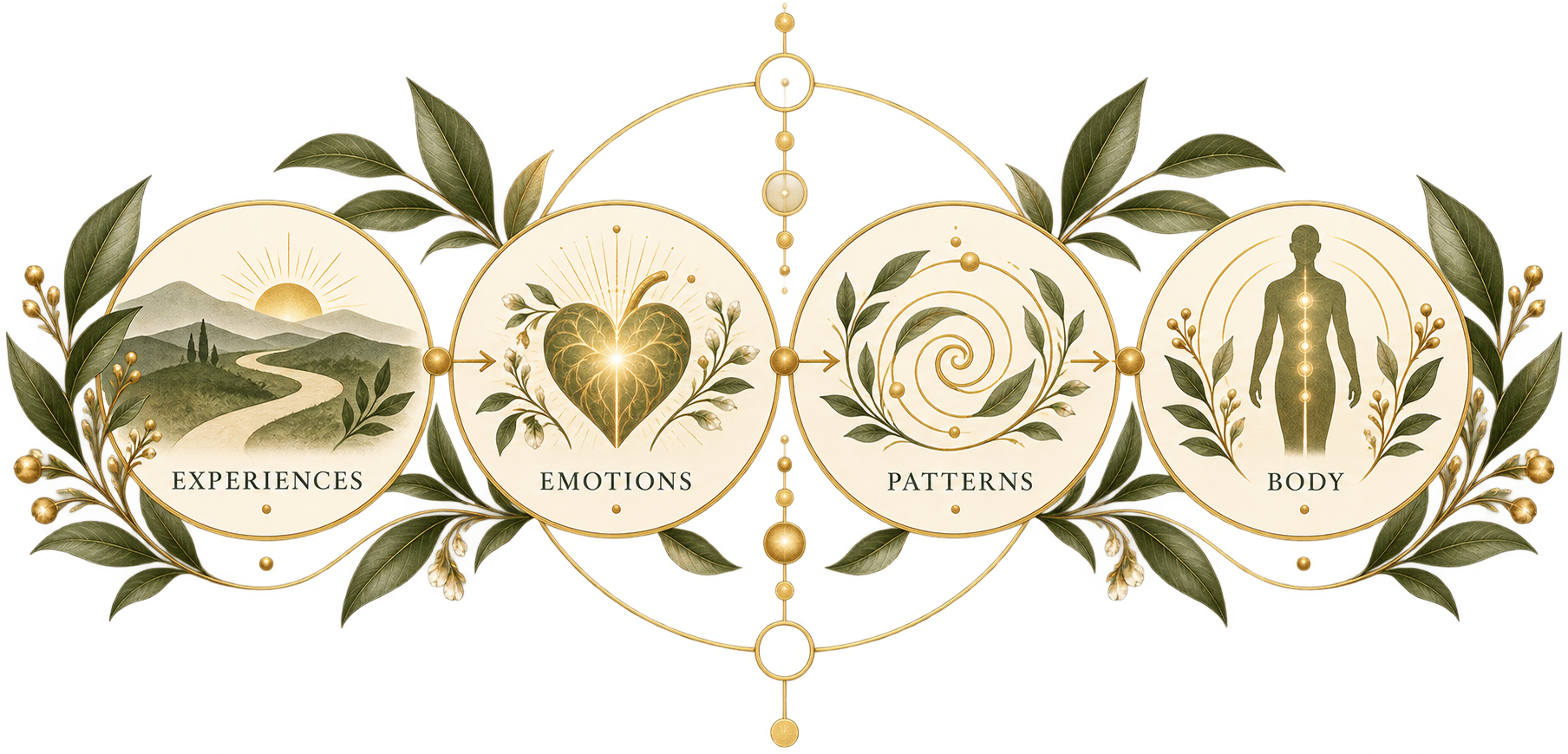 A decorative graphic with four circular illustrations connected by gold accents and surrounded by green leaves. The first circle depicts a landscape with mountains and a river labeled "Experiences". The second circle shows a glowing heart with flowers labeled "Emotions". The third circle features a swirling pattern with leaves labeled "Patterns". The fourth circle displays a human silhouette with body points labeled "Body".