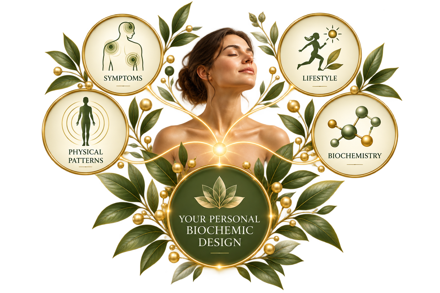 A woman with closed eyes surrounded by icons and text related to biohacking, including symptoms, physical patterns, lifestyle, biochemistry, and a central circle labeled 'Your Personal Biochemic Design' with a leaf icon, all framed by leaves and gold accents.