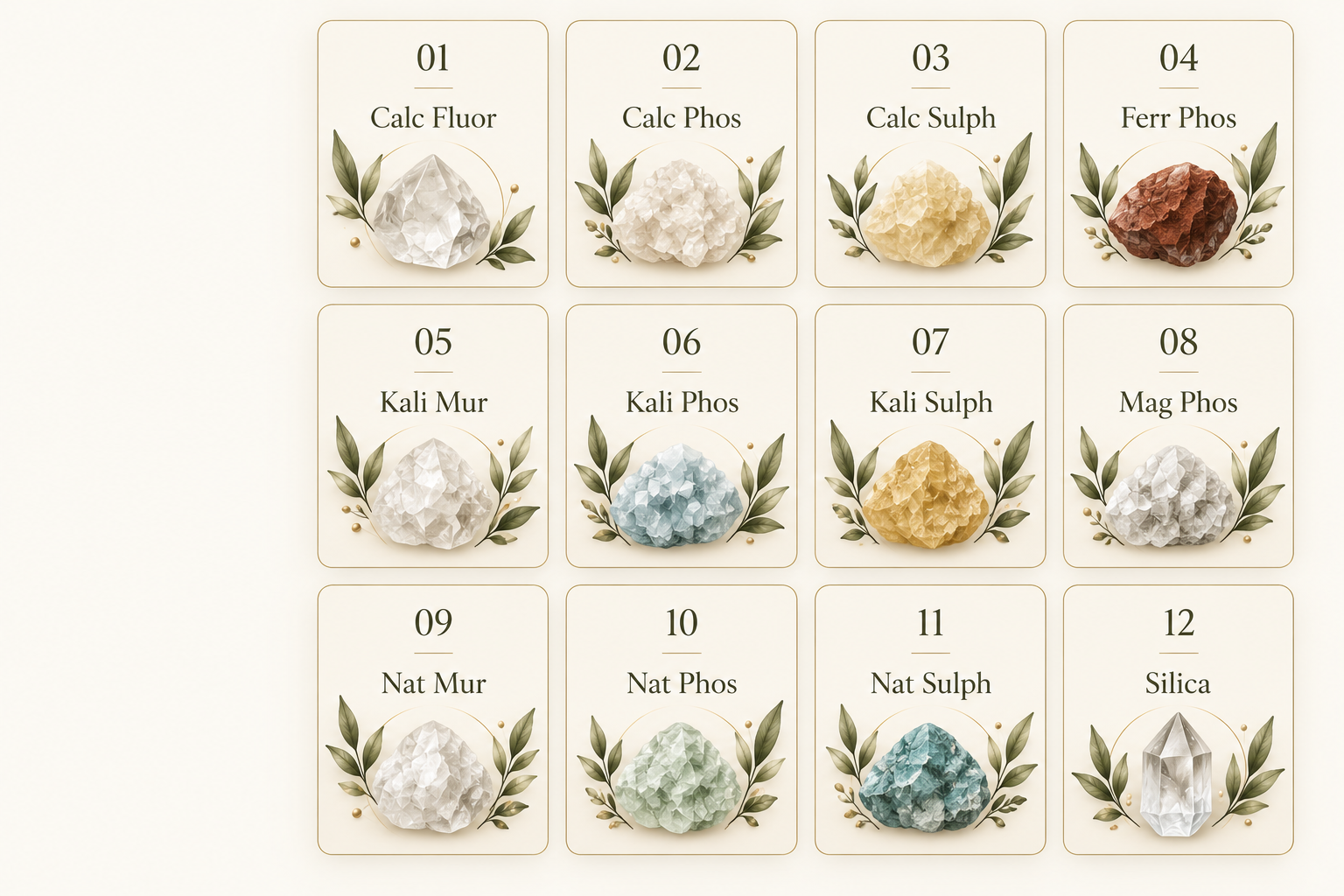 Diagram showing 12 different minerals with names and colors, arranged in a grid of three rows and four columns. Each mineral has a decorative leafy border and a descriptive label.